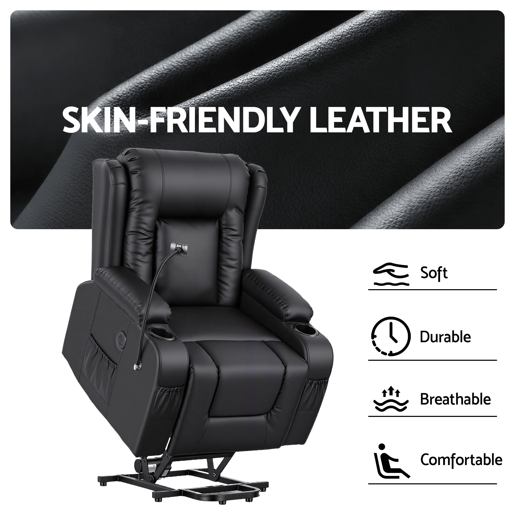 Power Lift Recliner Chair with Massage and Heat for Elderly, Electric Sofa Reclining Chair with USB and Phone Holder, PU Leather Comfy Armchair for Living Room, 2 Cup Holder & 4 Pockets, Black