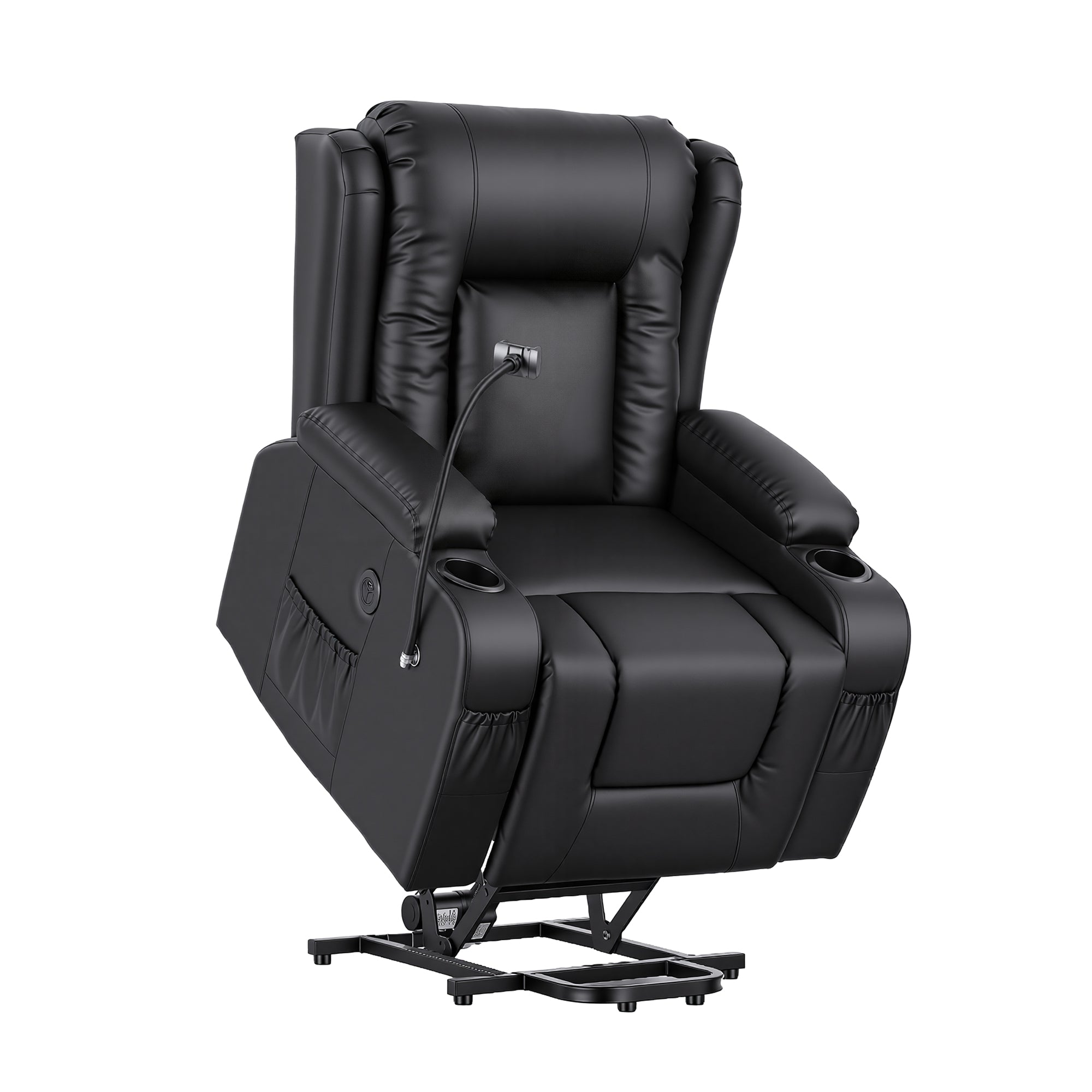 Power Lift Recliner Chair with Massage and Heat for Elderly, Electric Sofa Reclining Chair with USB and Phone Holder, PU Leather Comfy Armchair for Living Room, 2 Cup Holder & 4 Pockets, Black