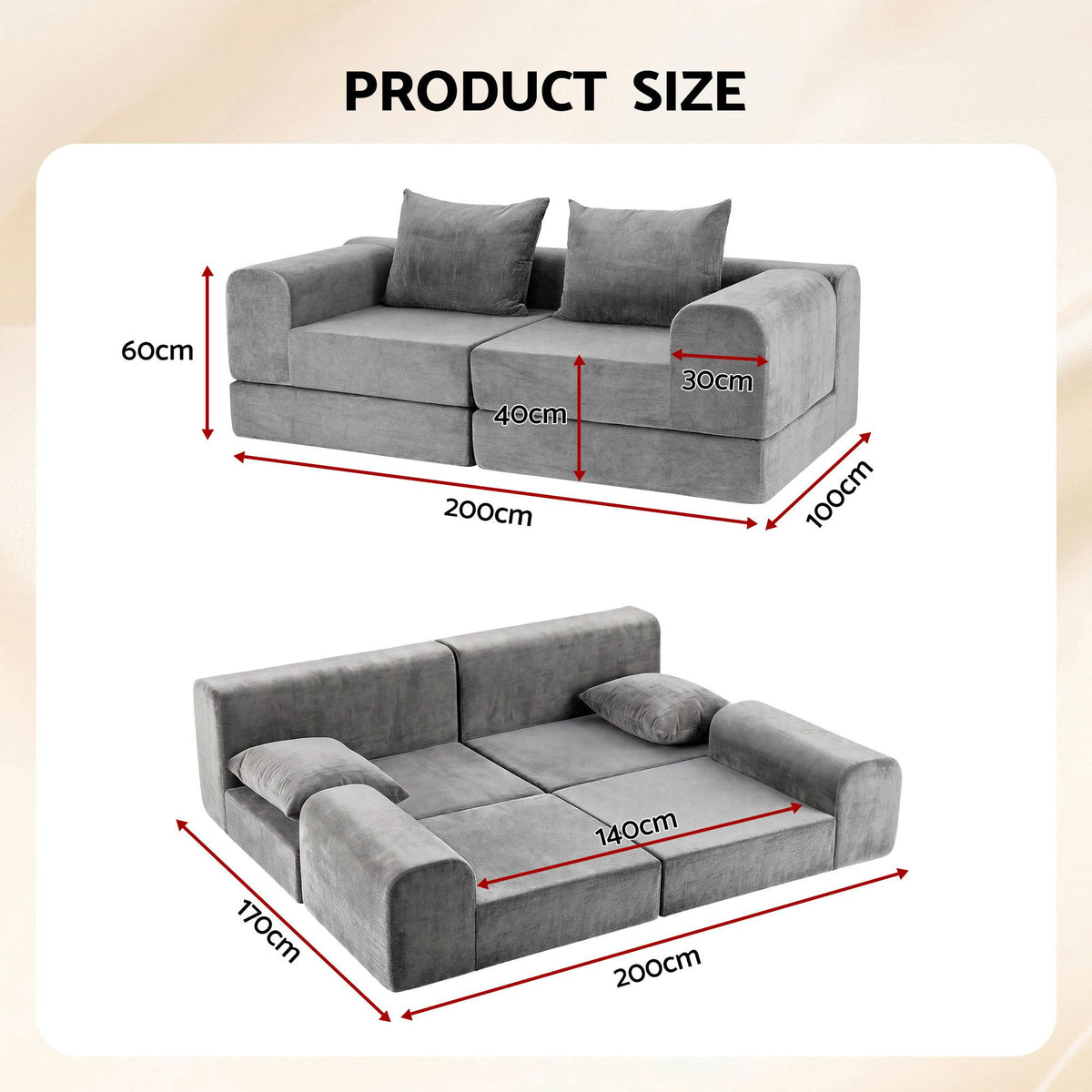 5-in-1 Convertible Modular Sofa Bed Curved Couch with Pillows - Grey Velvet