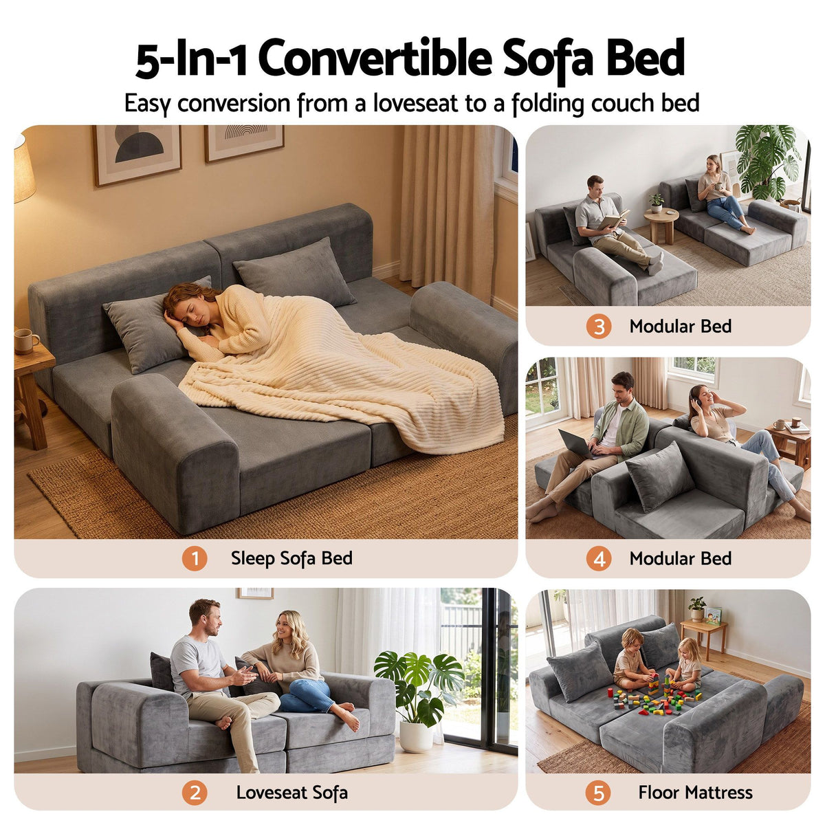 5-in-1 Convertible Modular Sofa Bed Curved Couch with Pillows - Grey Velvet
