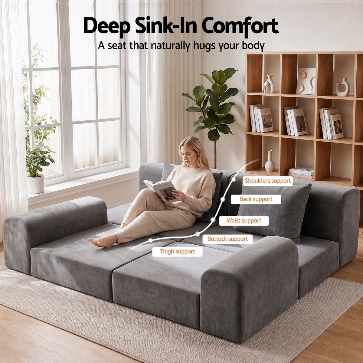 5-in-1 Convertible Modular Sofa Bed Curved Couch with Pillows - Grey Velvet