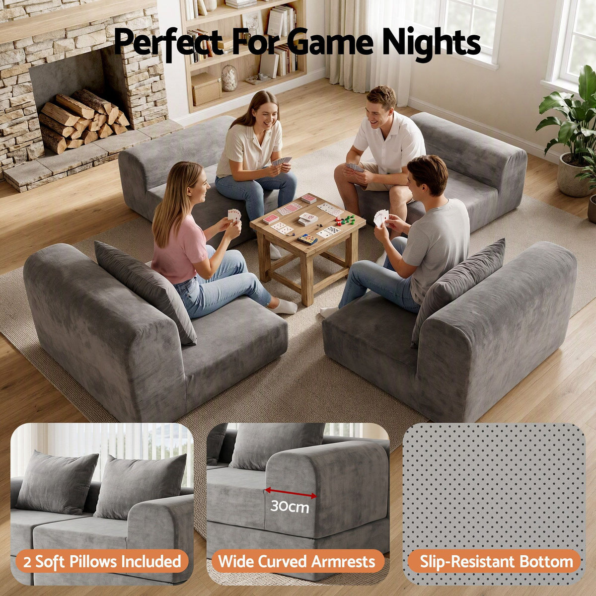 5-in-1 Convertible Modular Sofa Bed Curved Couch with Pillows - Grey Velvet