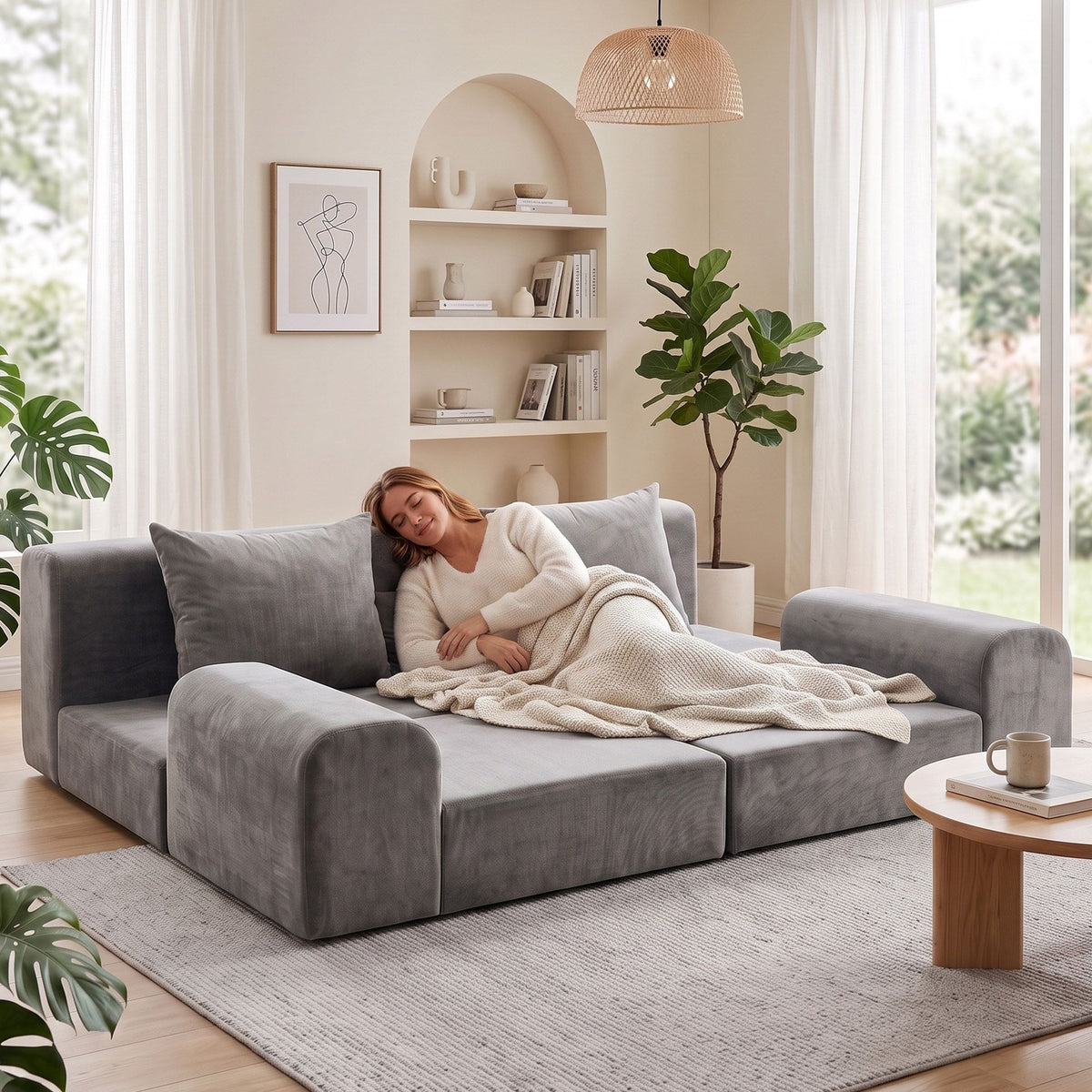 5-in-1 Convertible Modular Sofa Bed Curved Couch with Pillows - Grey Velvet