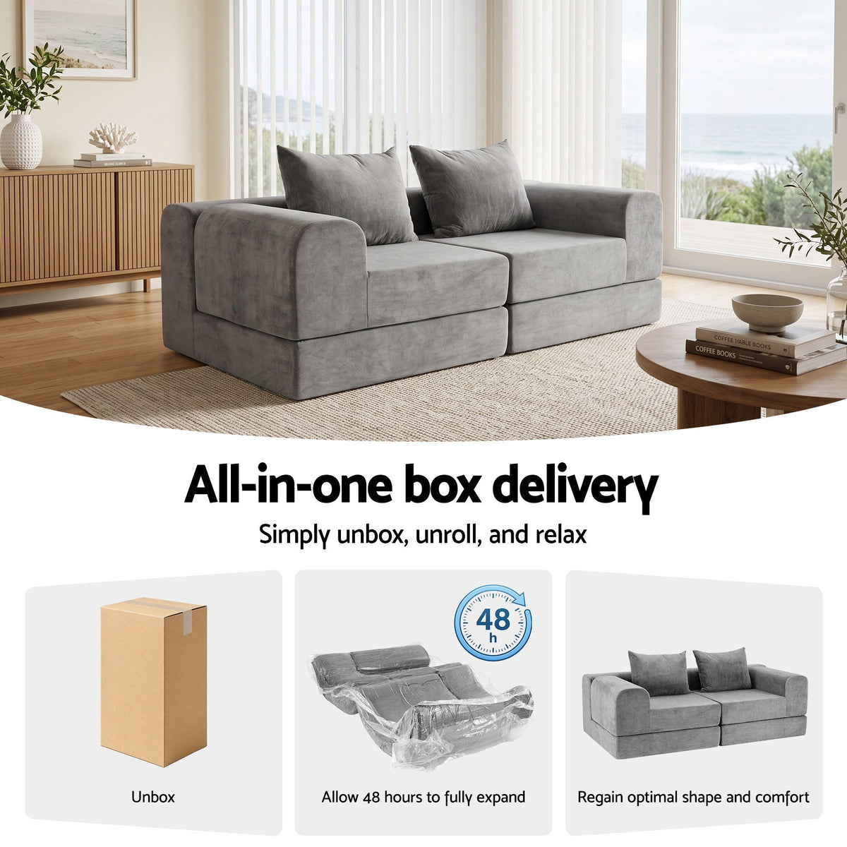 5-in-1 Convertible Modular Sofa Bed Curved Couch with Pillows - Grey Velvet