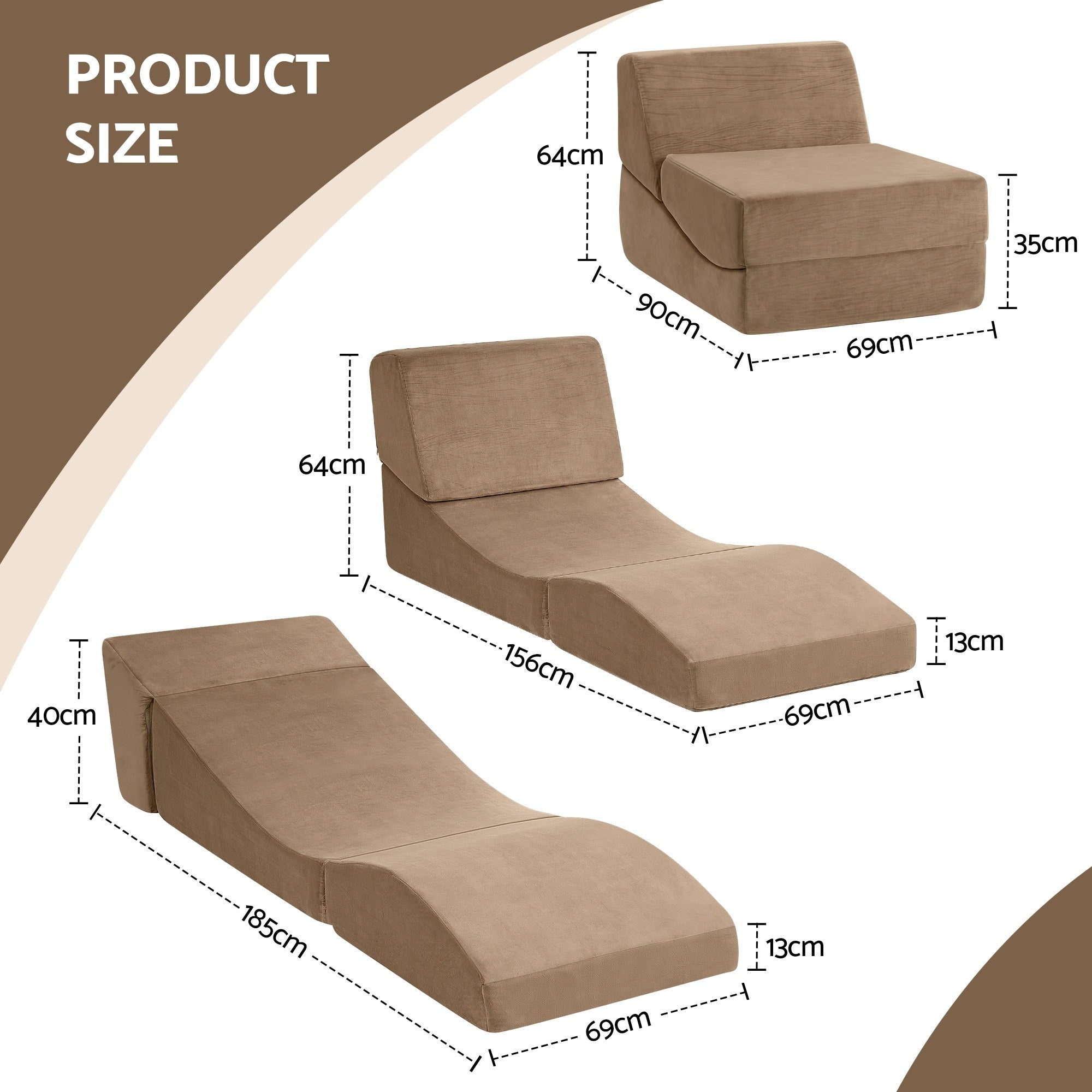 Folding Armless Foam Floor Futon Sofa Bed Convertible Lounger - Brown