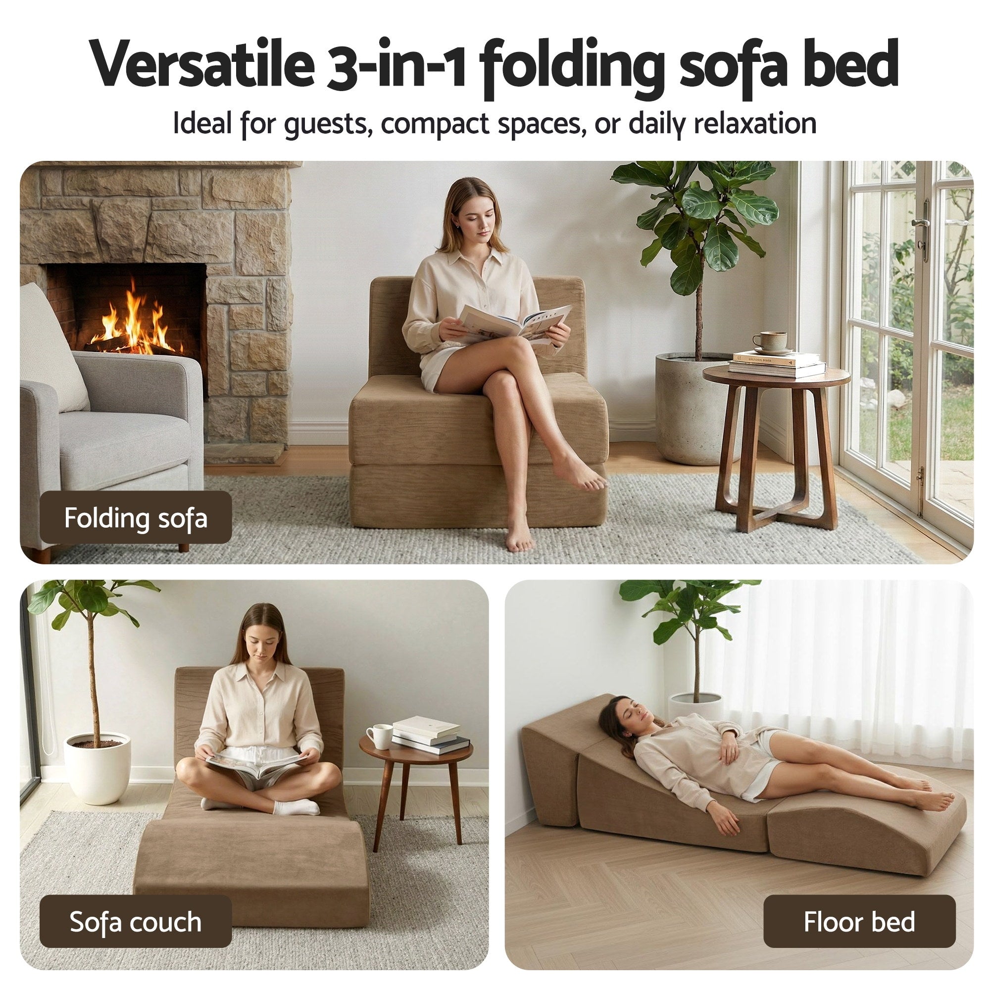 Folding Armless Foam Floor Futon Sofa Bed Convertible Lounger - Brown