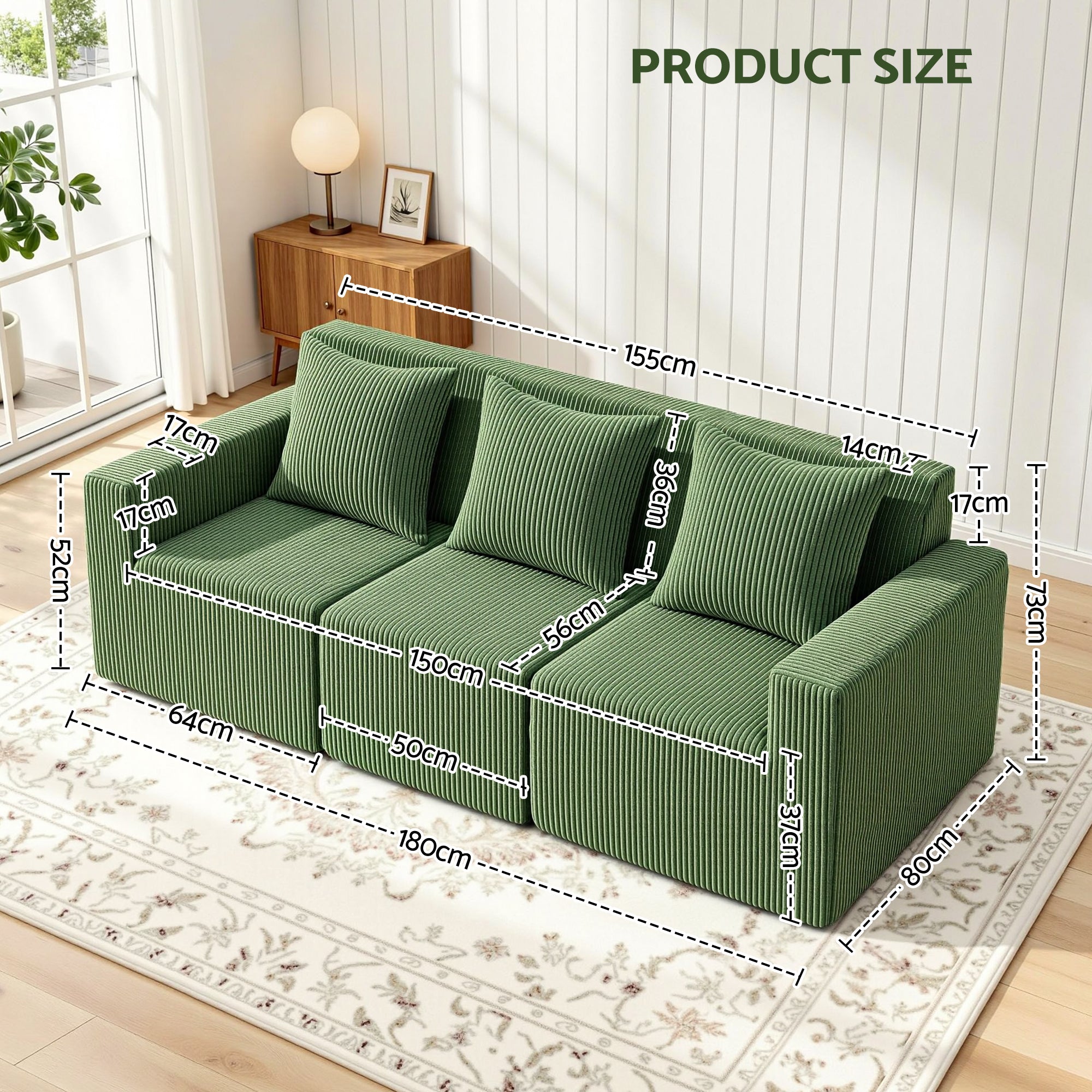 Modular 3-Seater Convertible Sofa Bed Sectional with Deep Seat - Green