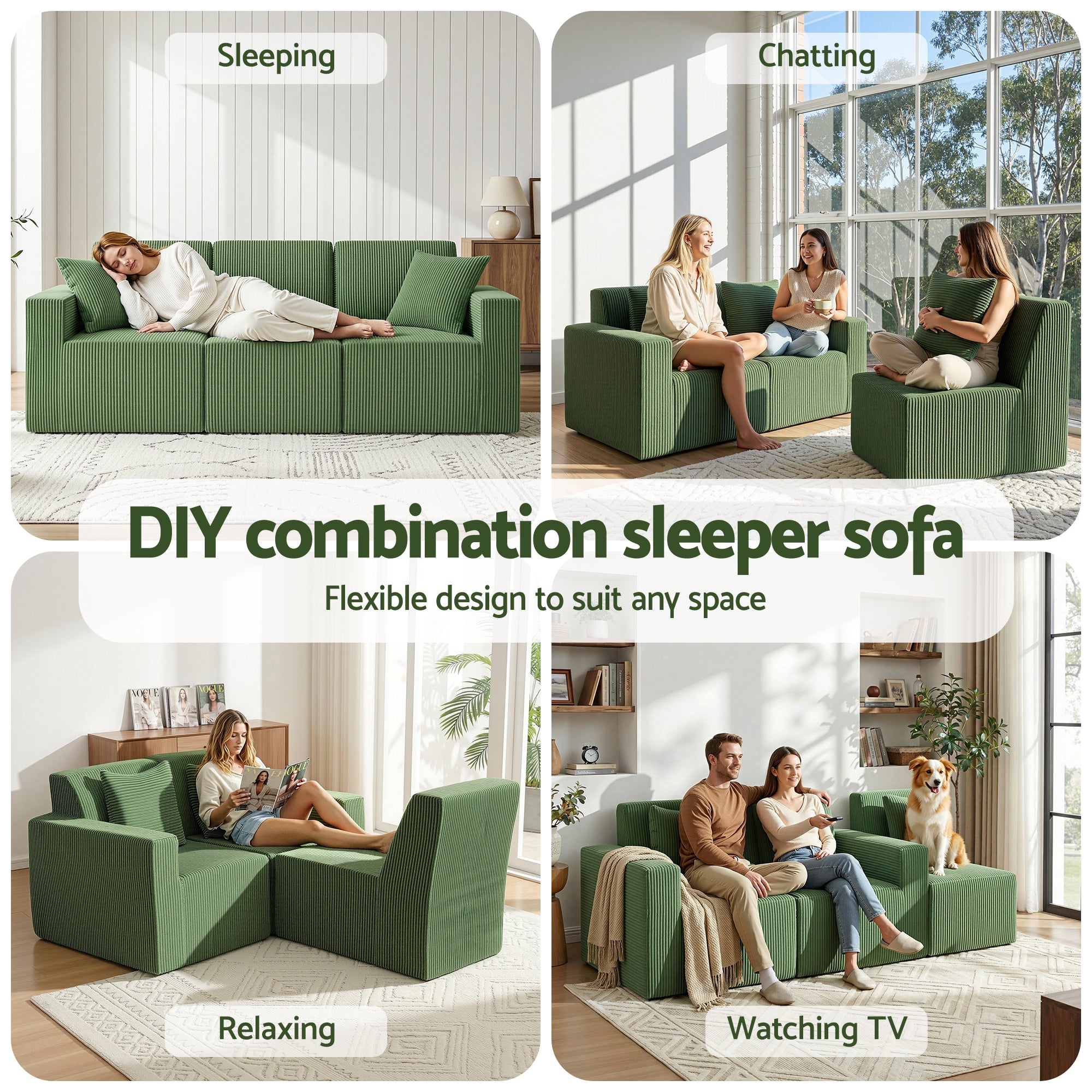Modular 3-Seater Convertible Sofa Bed Sectional with Deep Seat - Green