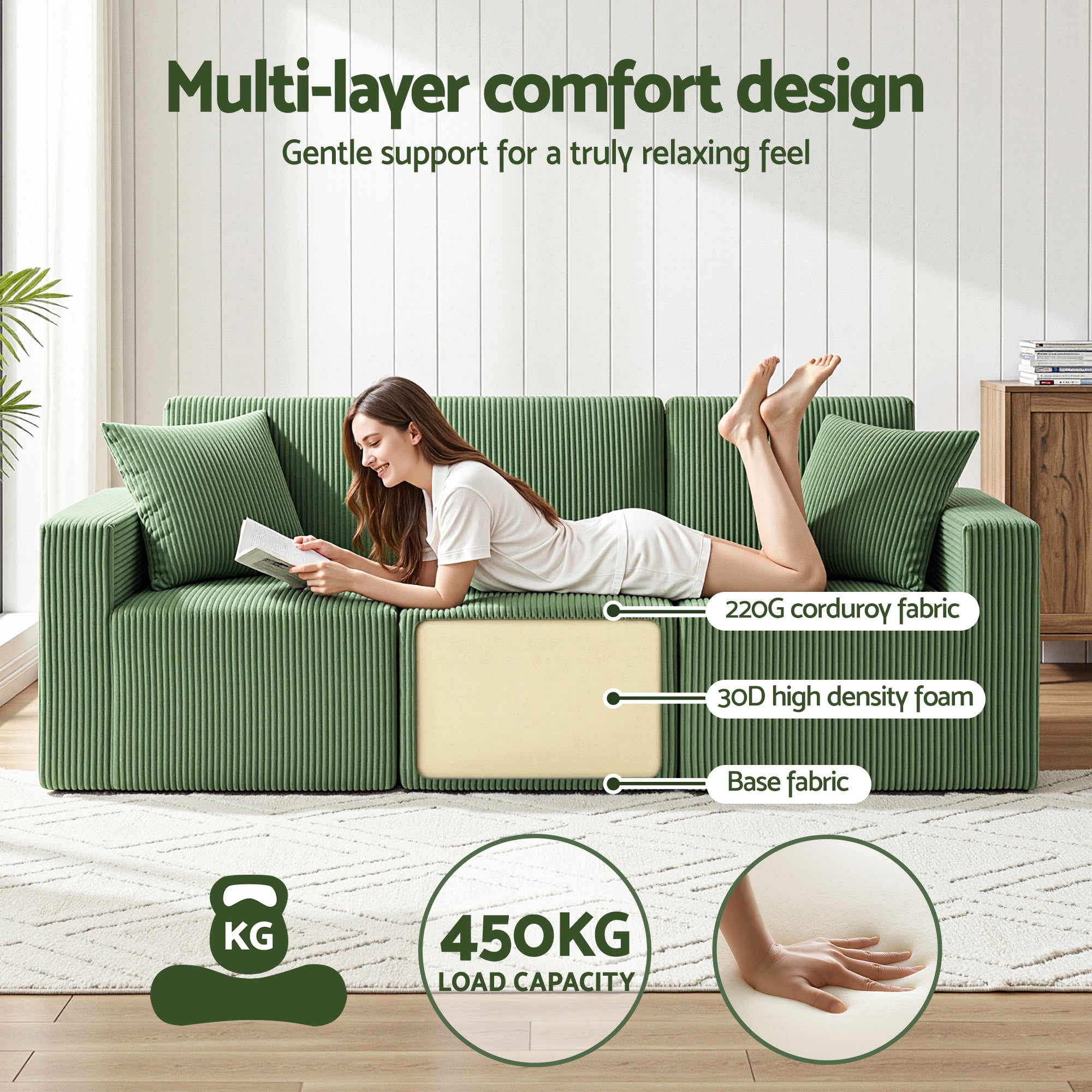 Modular 3-Seater Convertible Sofa Bed Sectional with Deep Seat - Green