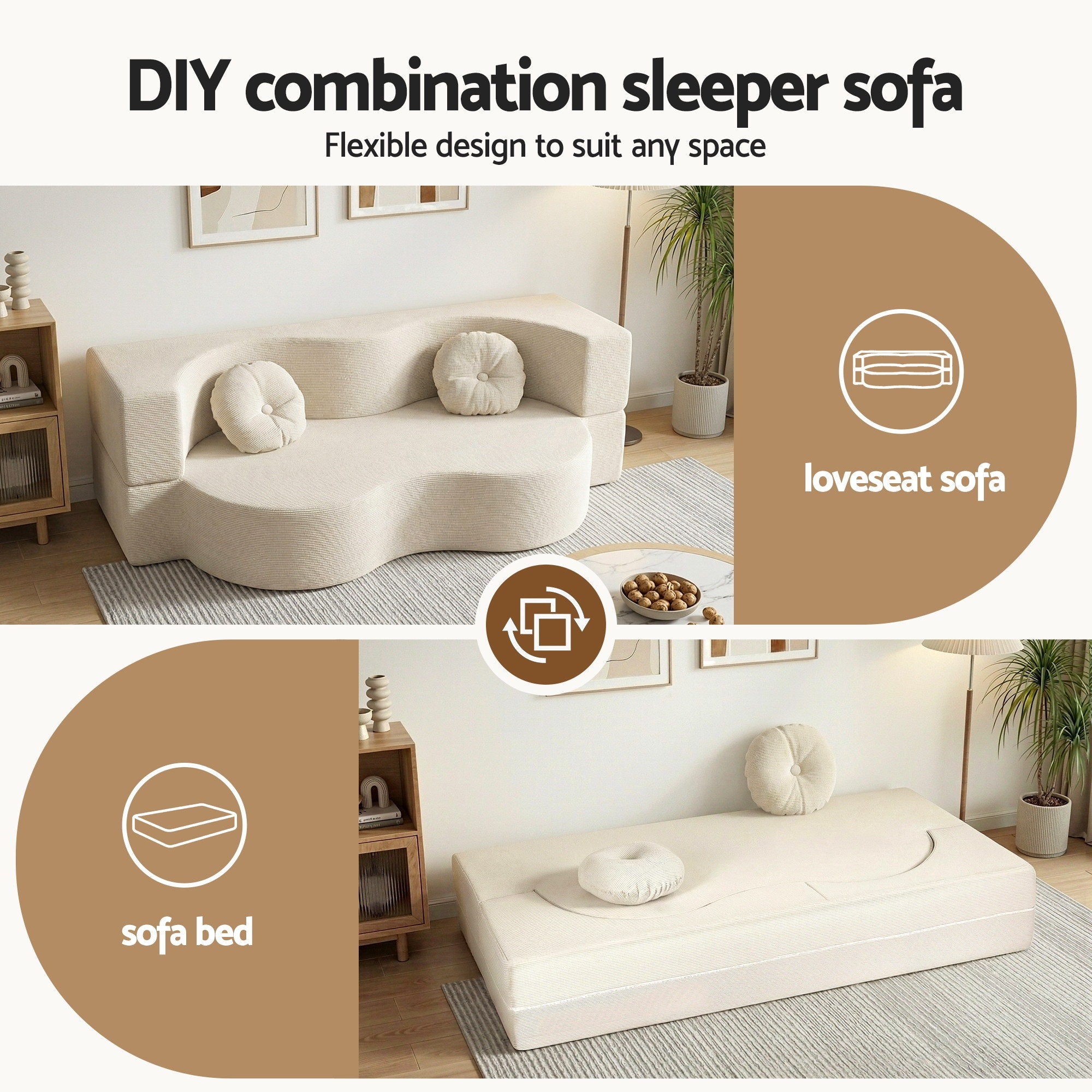 Folding 2-in-1 Convertible Sofa Bed Floor Couch Loveseat - Beige