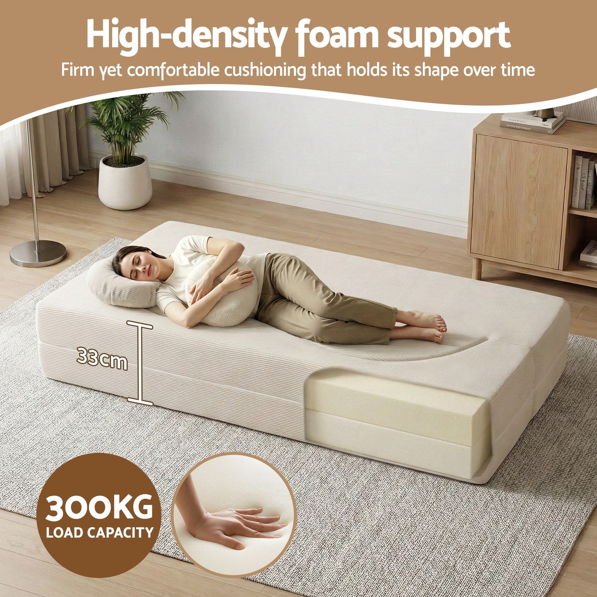 Folding 2-in-1 Convertible Sofa Bed Floor Couch Loveseat - Beige