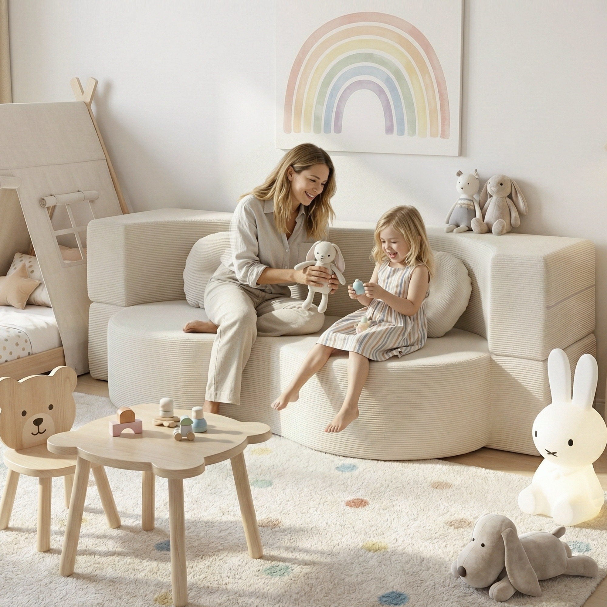 Folding 2-in-1 Convertible Sofa Bed Floor Couch Loveseat - Beige