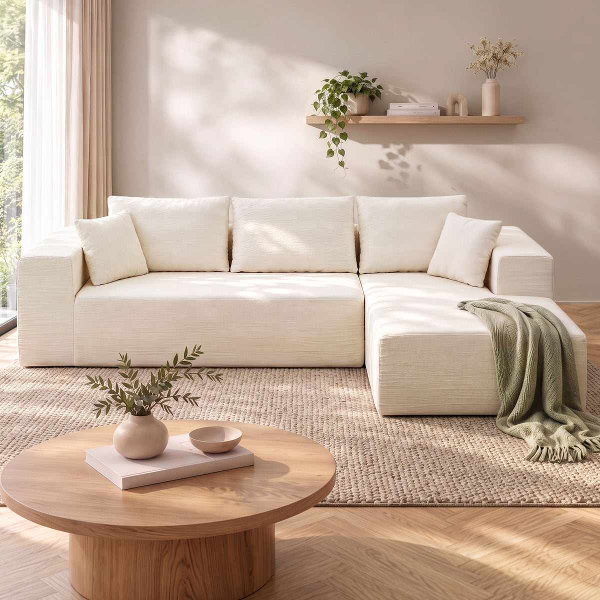 Modular 4-Seater L-Shaped Boneless Sofa Bed Chaise Lounge - White