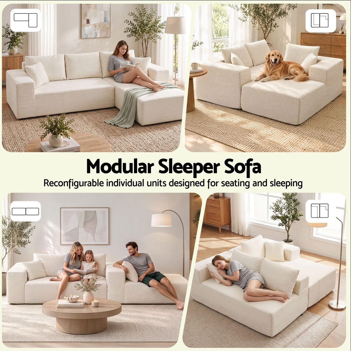 Modular 4-Seater L-Shaped Boneless Sofa Bed Chaise Lounge - White