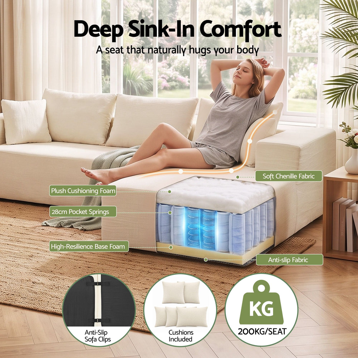 Modular 4-Seater L-Shaped Boneless Sofa Bed Chaise Lounge - White