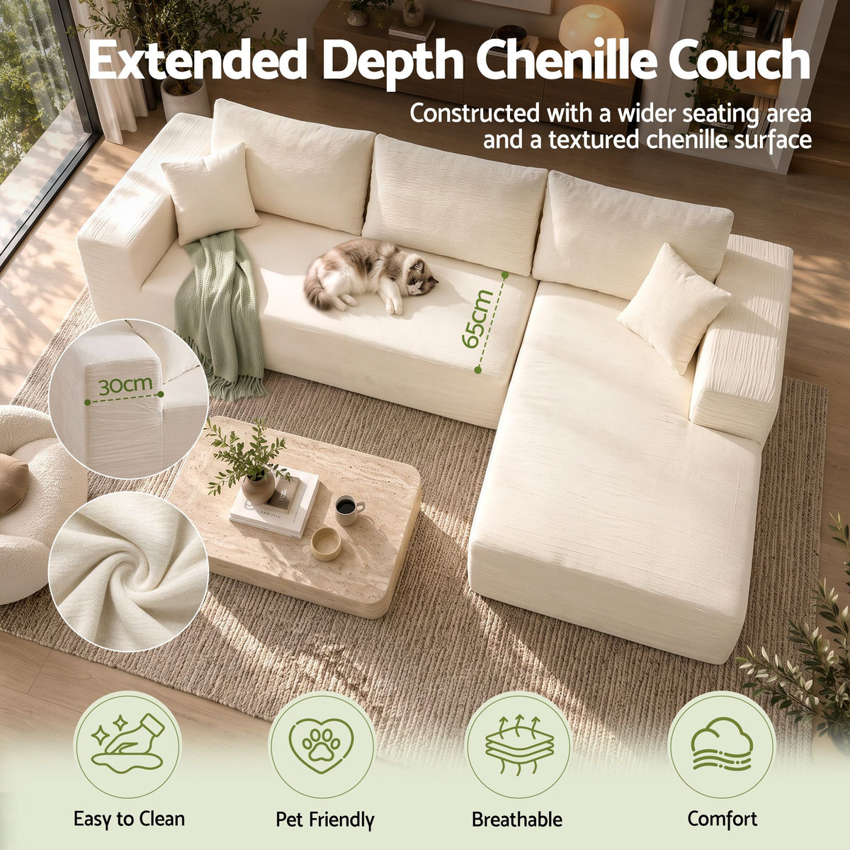 Modular 4-Seater L-Shaped Boneless Sofa Bed Chaise Lounge - White