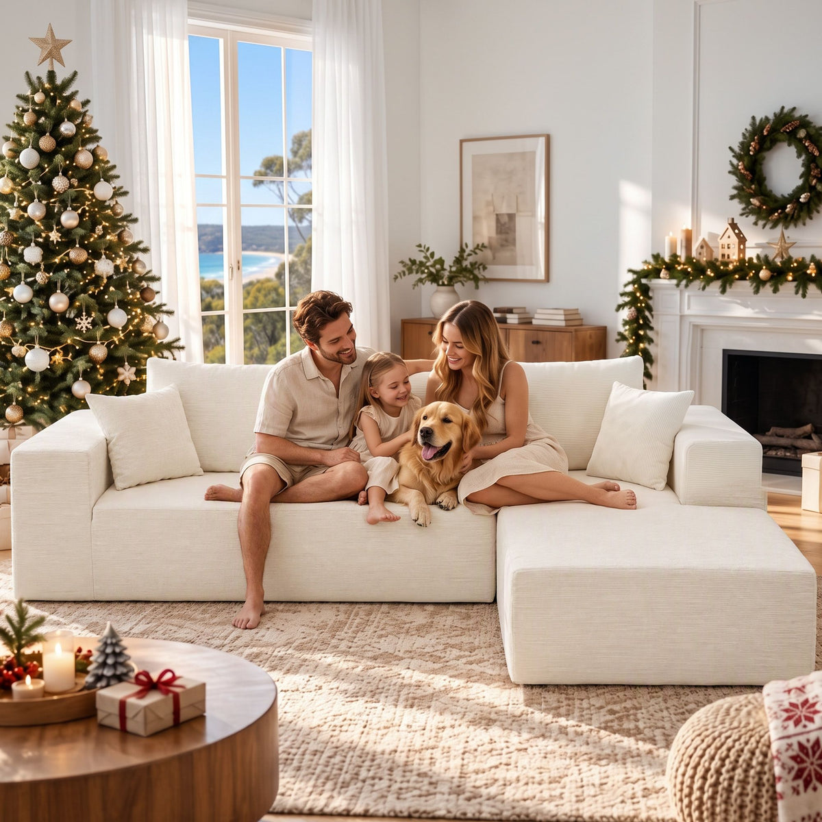Modular 4-Seater L-Shaped Boneless Sofa Bed Chaise Lounge - White