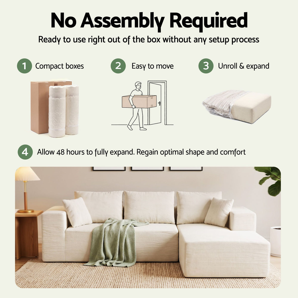 Modular 4-Seater L-Shaped Boneless Sofa Bed Chaise Lounge - White