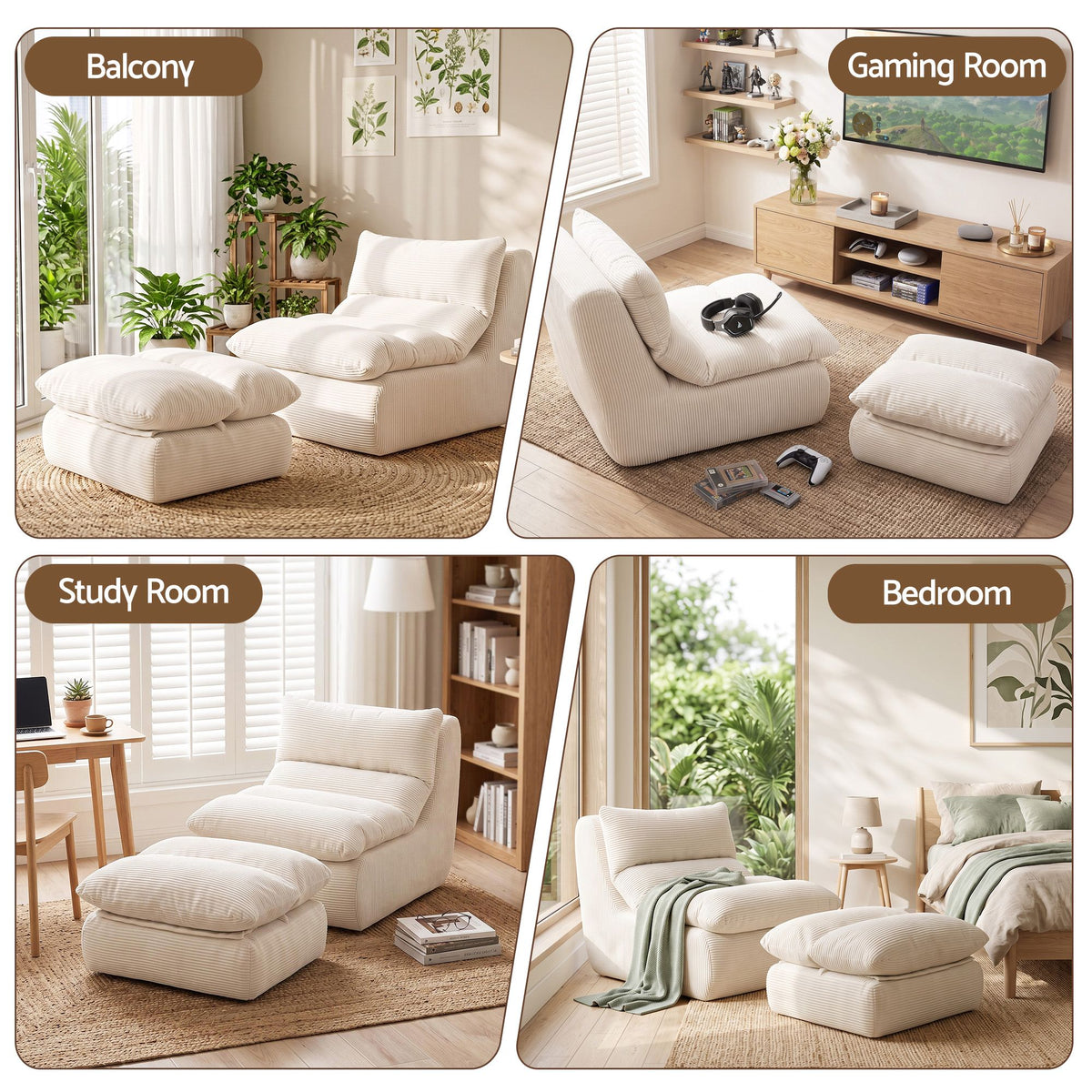 Lounge Chair with Ottoman Single Sofa Corduroy Chaise Footrest - White