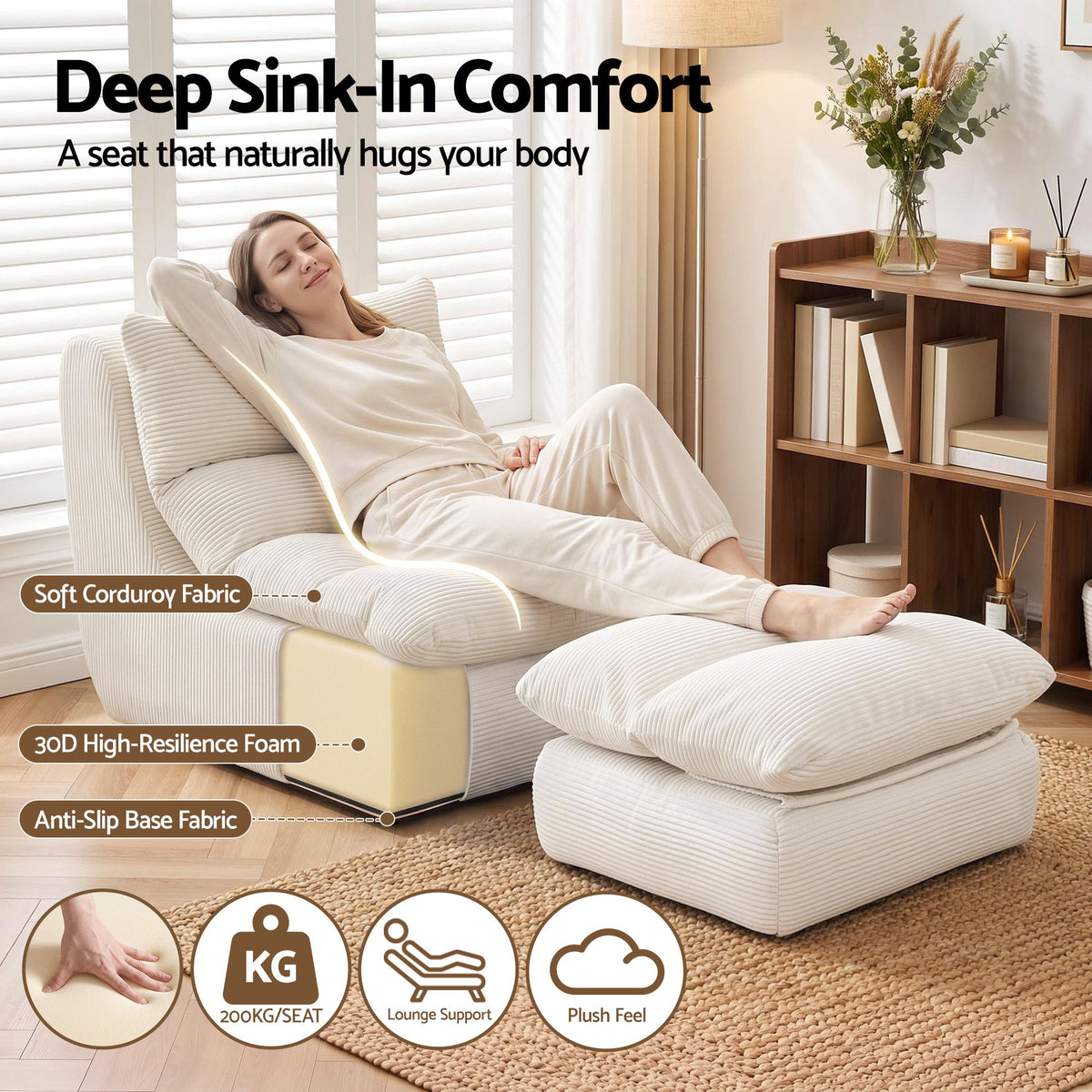 Lounge Chair with Ottoman Single Sofa Corduroy Chaise Footrest - White