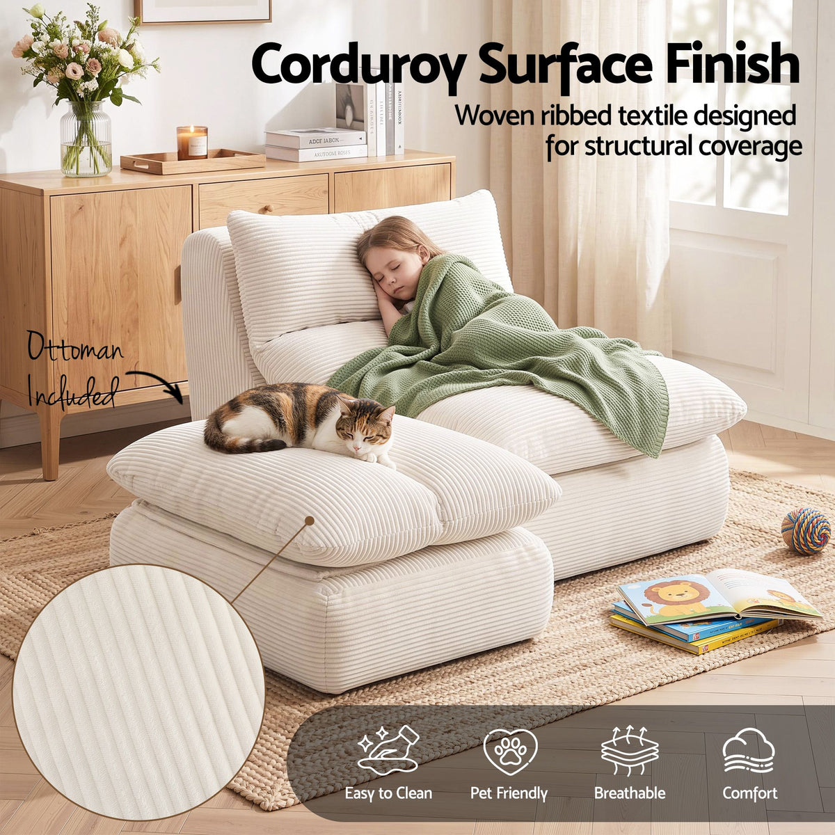 Lounge Chair with Ottoman Single Sofa Corduroy Chaise Footrest - White