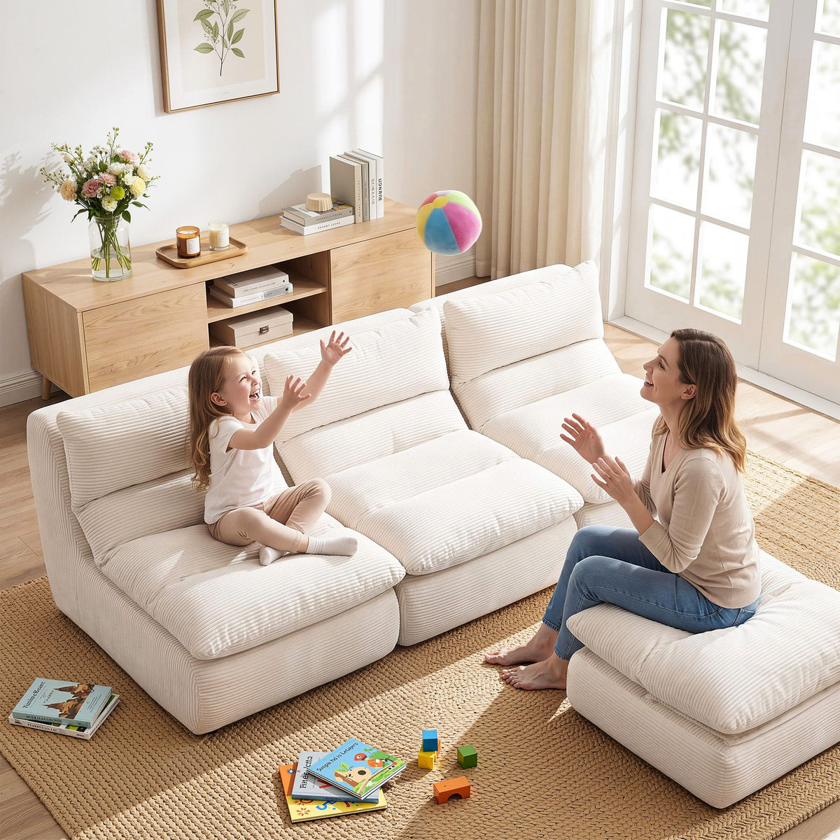 Lounge Chair with Ottoman Single Sofa Corduroy Chaise Footrest - White