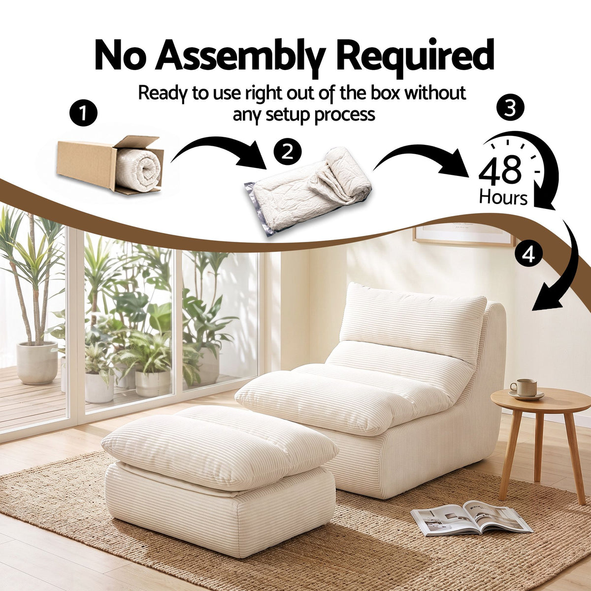Lounge Chair with Ottoman Single Sofa Corduroy Chaise Footrest - White