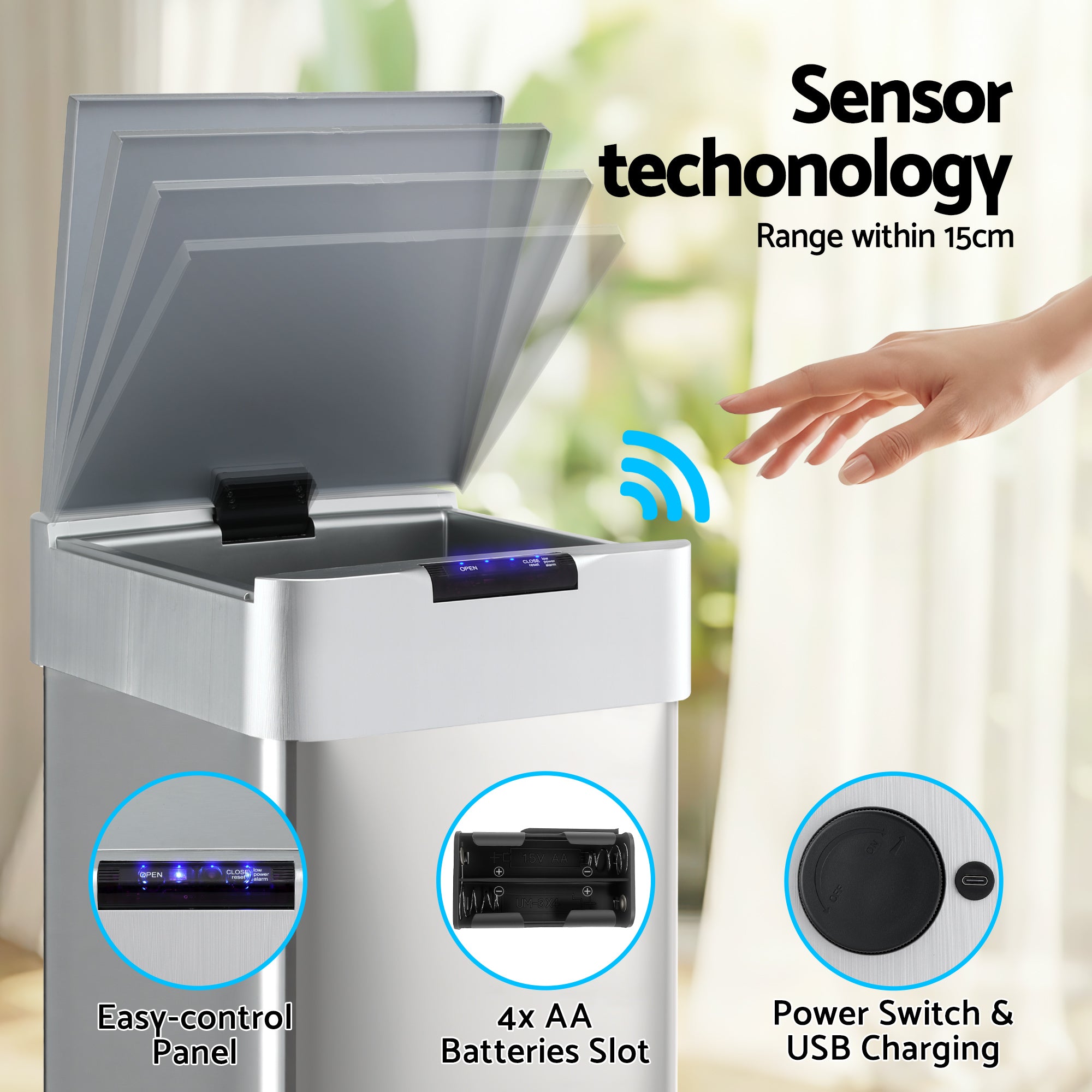 50L Motion Sensor Bin Rubbish Bins Kitchen Automatic Trash Can Silver