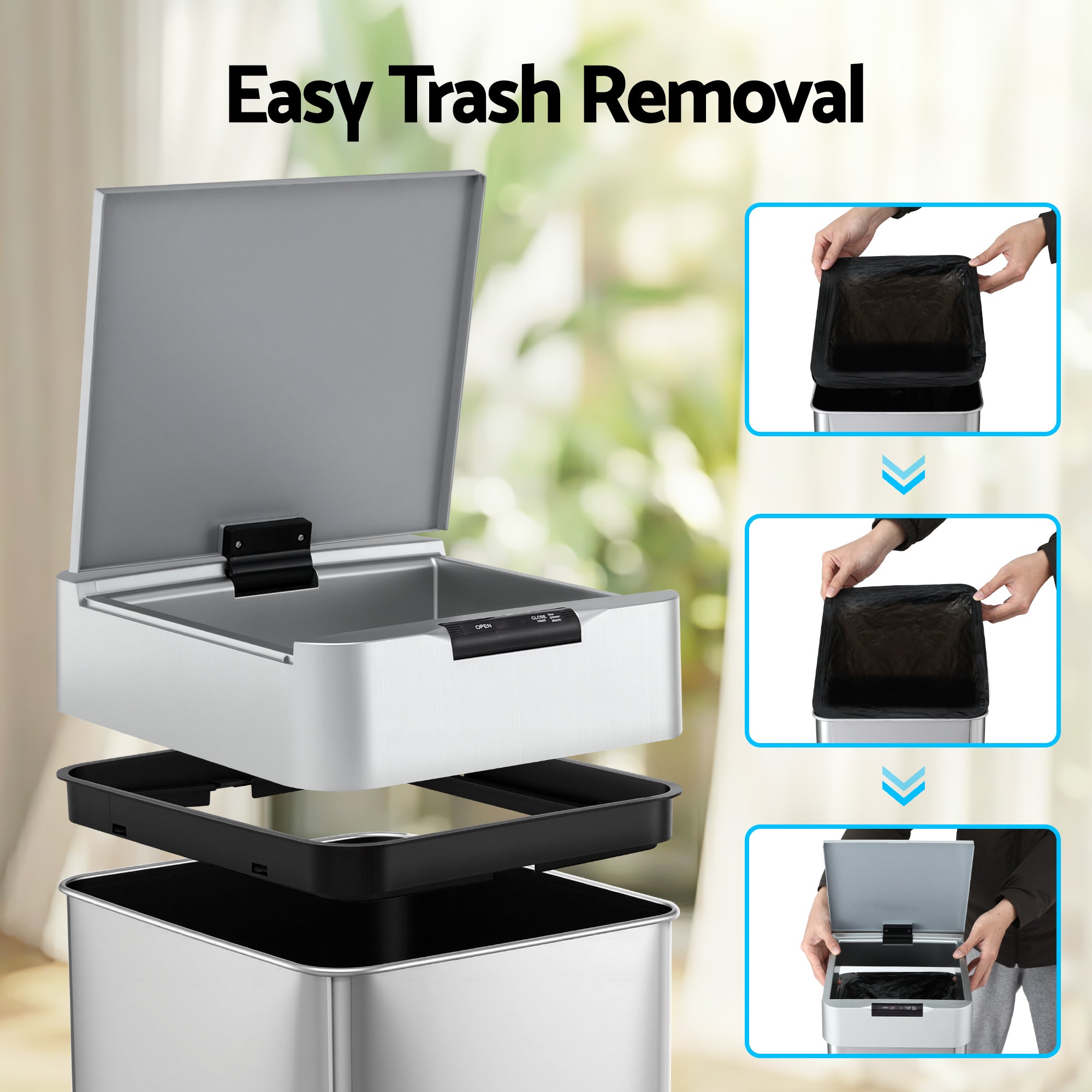 50L Motion Sensor Bin Rubbish Bins Kitchen Automatic Trash Can Silver