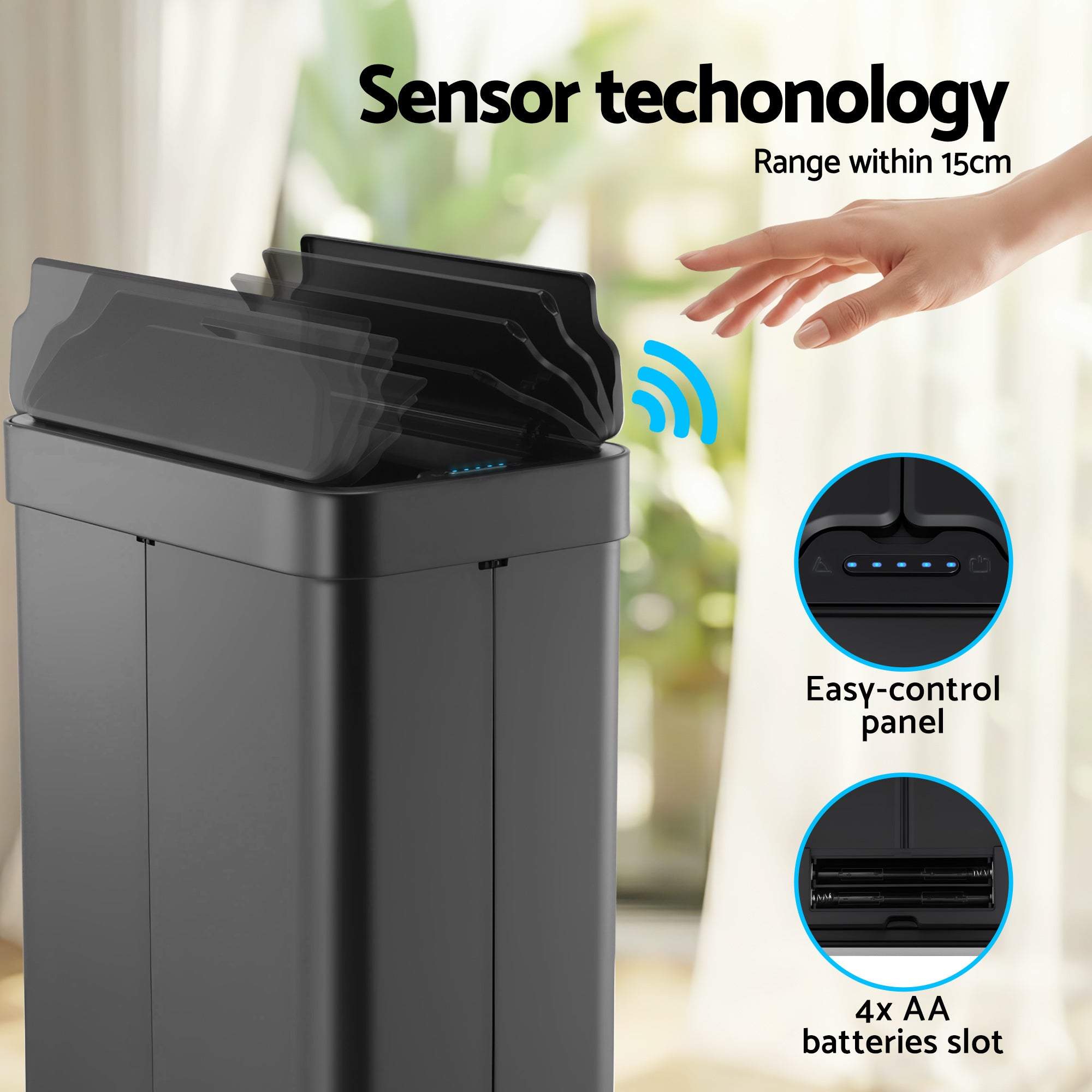 Rubbish Bin 70L Automatic Sensor Kitchen Bin, Slim Smart Garbage Can Touchless Rectangular with Liner Holder, Fully Closed Lid for Bedroom, Bathroom, Living Room, Black