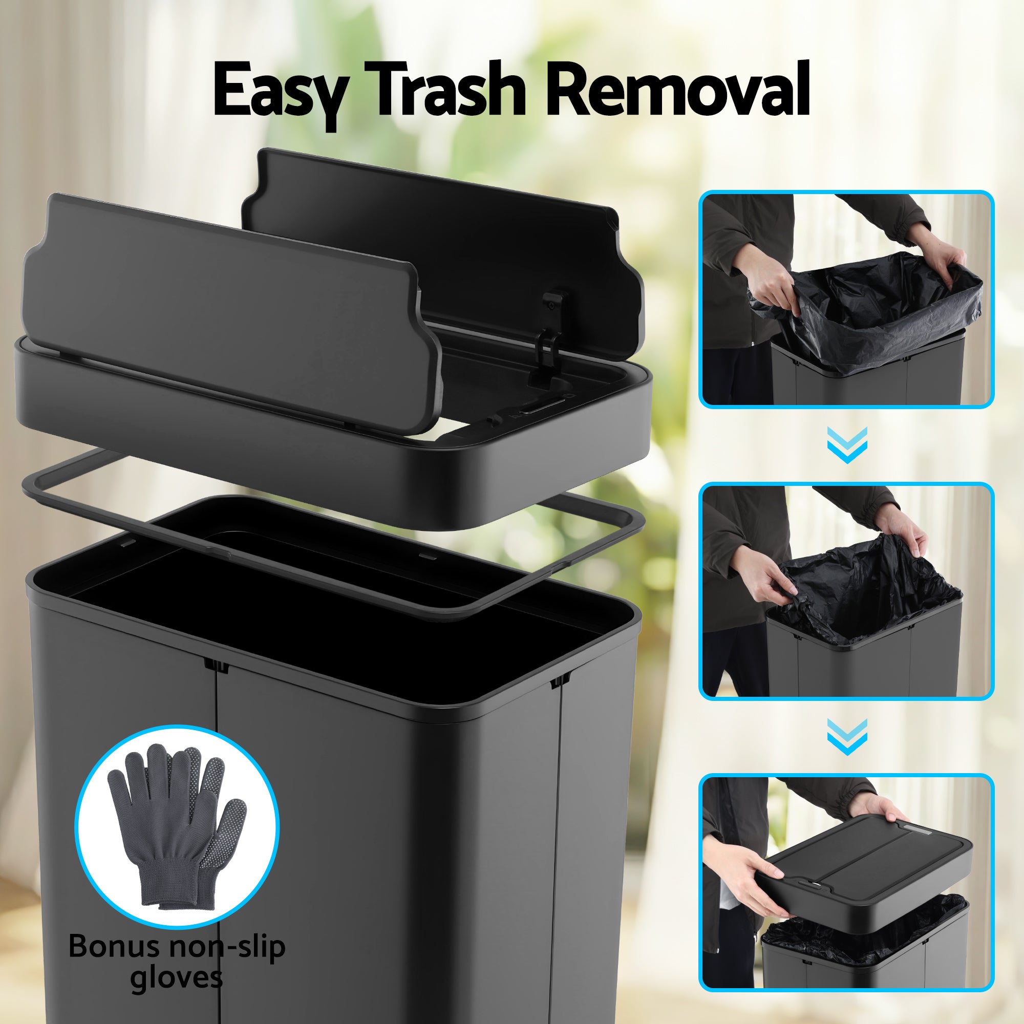 Rubbish Bin 70L Automatic Sensor Kitchen Bin, Slim Smart Garbage Can Touchless Rectangular with Liner Holder, Fully Closed Lid for Bedroom, Bathroom, Living Room, Black