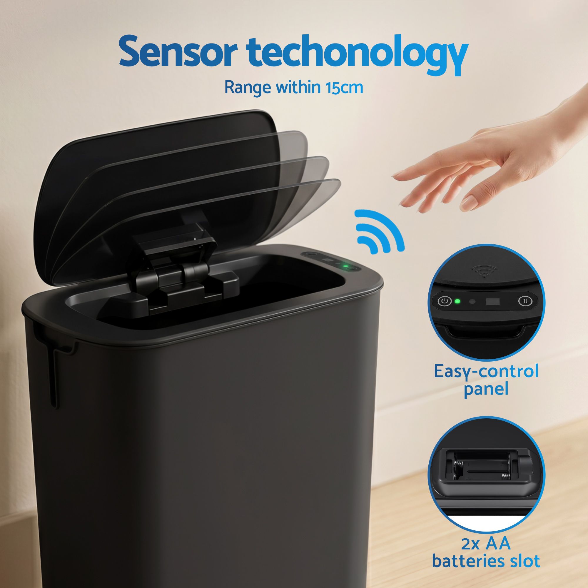 Automatic Trash Bin 2PCS with Lid 11L Motion Sensor Kitchen Bin Touchless Garbage Can Modern Black Plastic Slim Rubbish Bin with Liner Holder for Kitchen, Home, Office