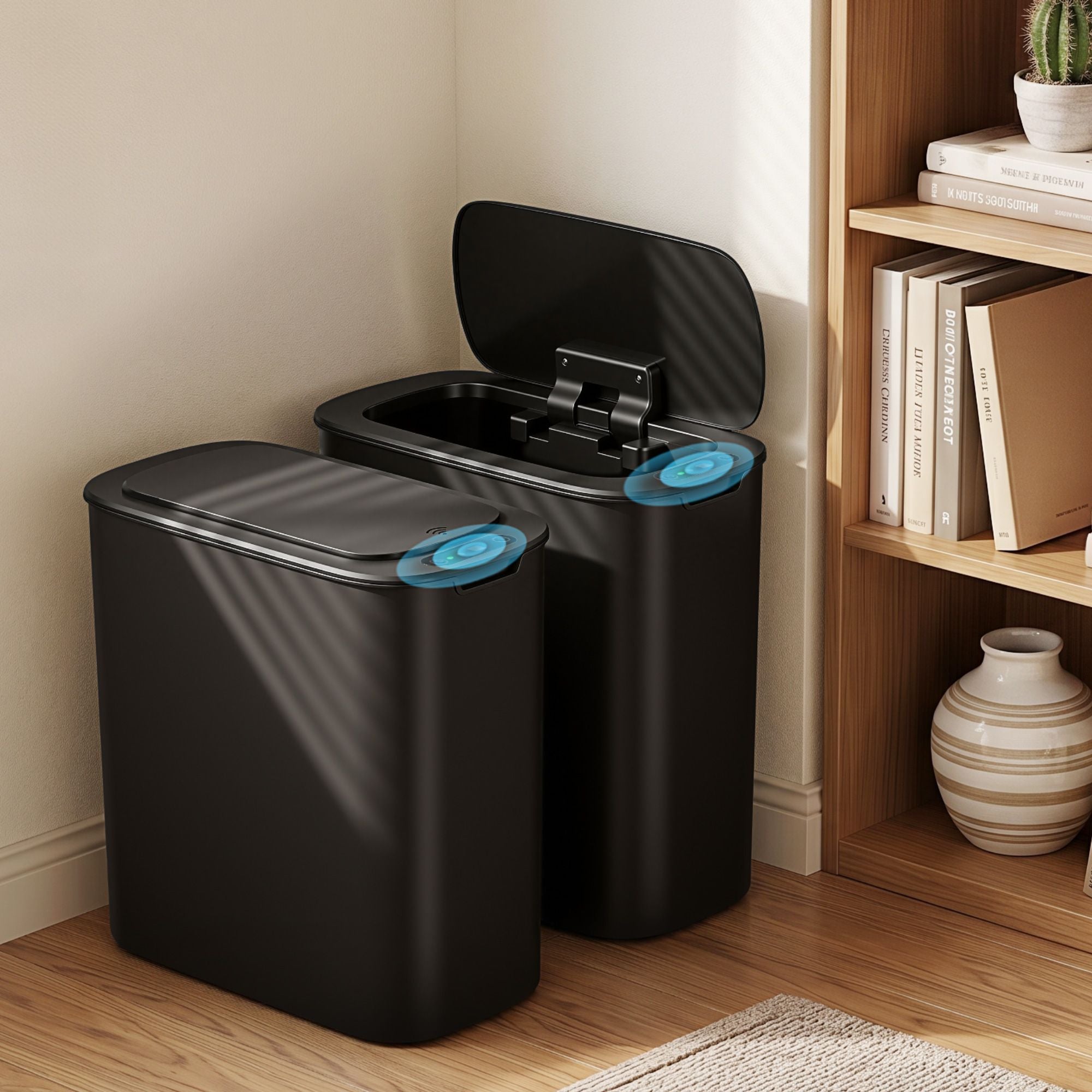 Automatic Trash Bin 2PCS with Lid 11L Motion Sensor Kitchen Bin Touchless Garbage Can Modern Black Plastic Slim Rubbish Bin with Liner Holder for Kitchen, Home, Office
