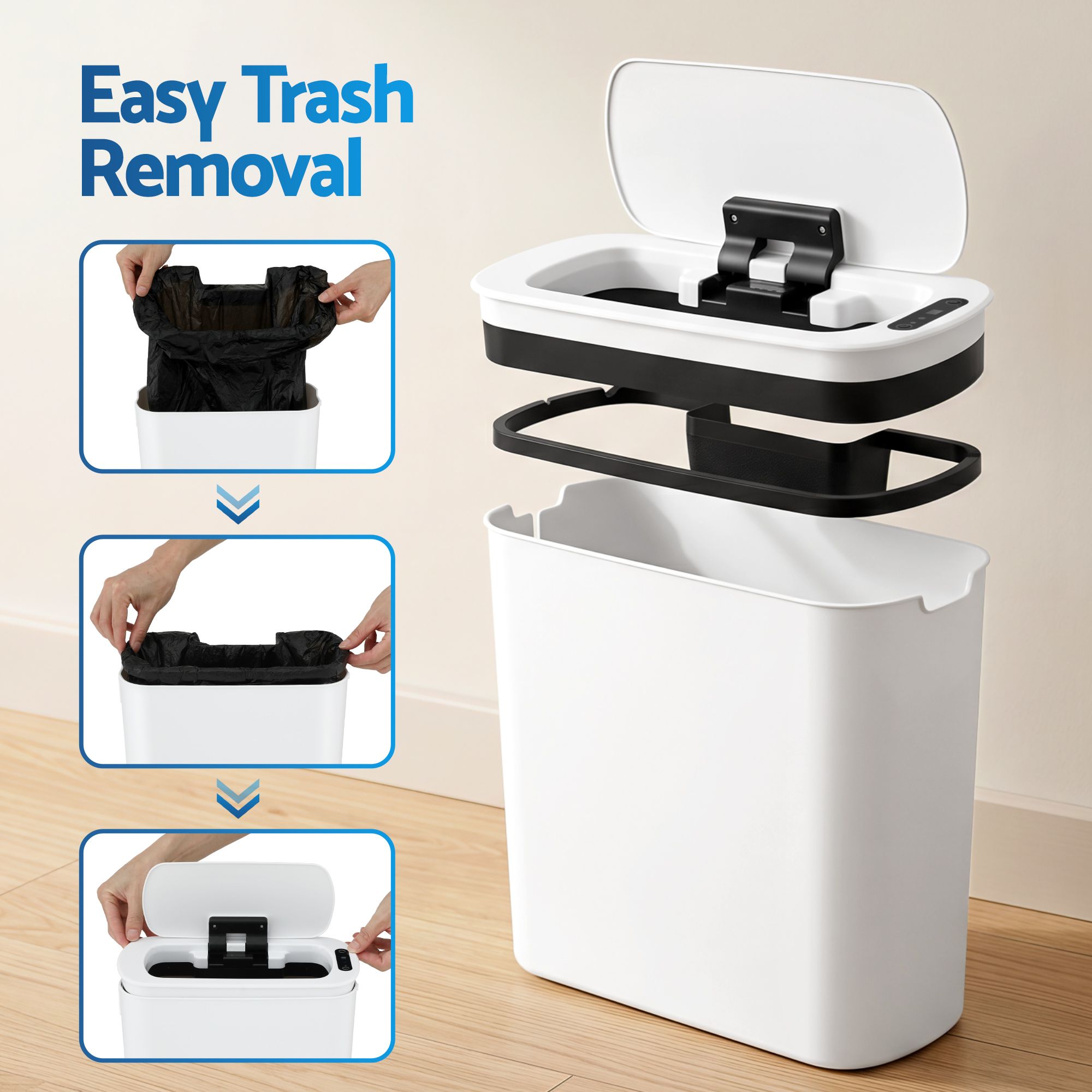 Automatic Trash Bin 2PCS with Lid 11L Motion Sensor Kitchen Bin Touchless Garbage Can Modern White Plastic Slim Rubbish Bin with Liner Holder for Kitchen, Home, Office
