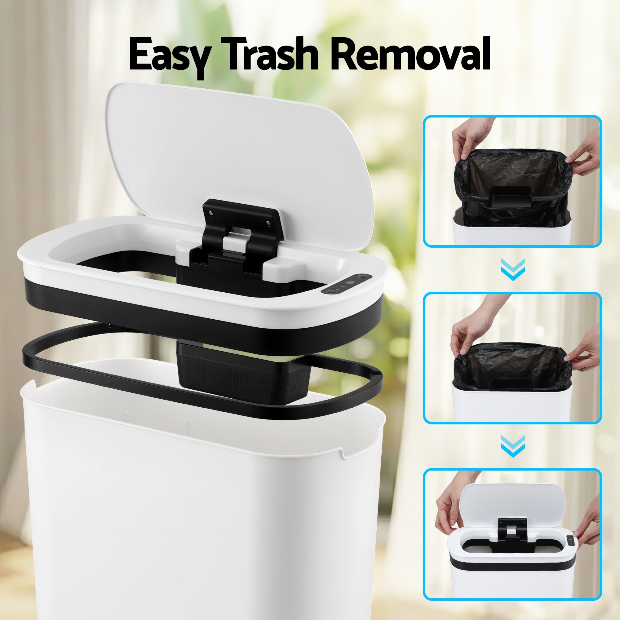 Automatic Trash Bin with Lid 25L Motion Sensor Kitchen Bin Touchless Garbage Can Plastic Slim Rubbish Bin with Liner Holder for Kitchen, Home, Office, White