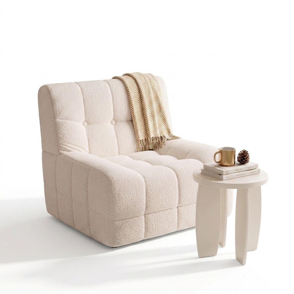 Single Boneless Sofa and Round End Table Set - White