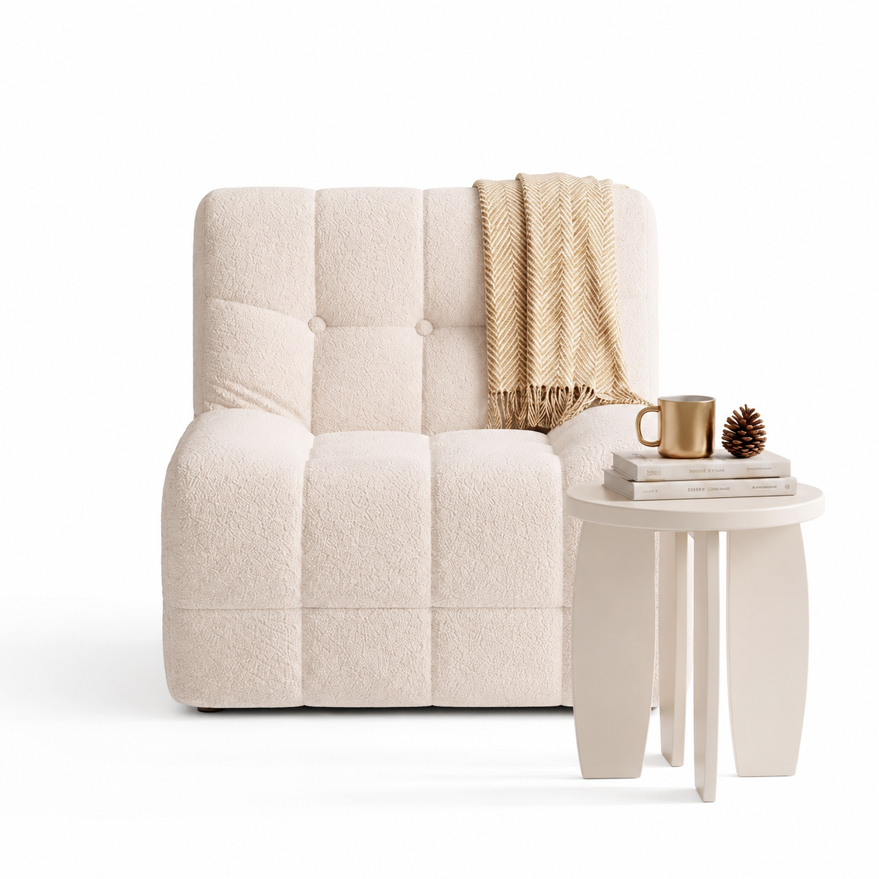Single Boneless Sofa and Round End Table Set - White