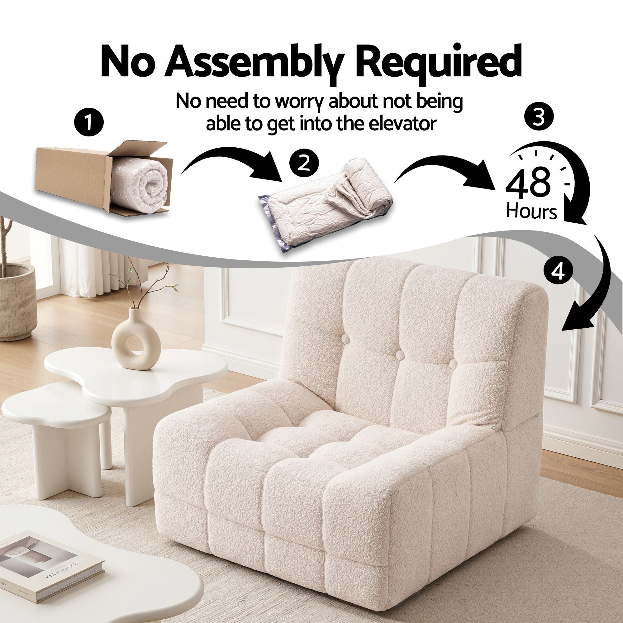 Single Boneless Sofa and Round End Table Set - White