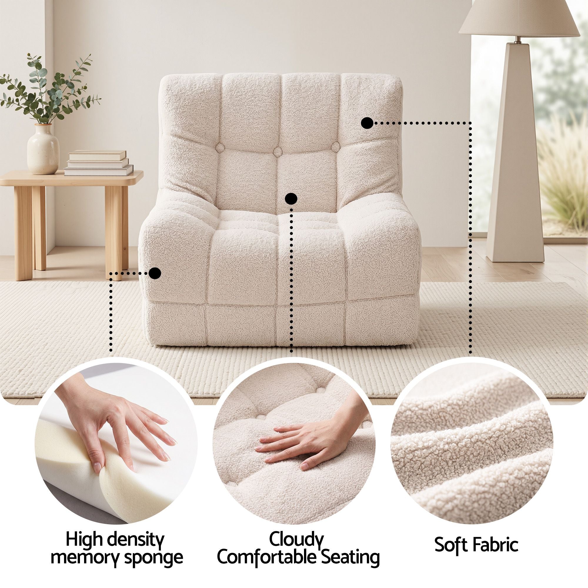 Single Boneless Sofa and Round End Table Set - White