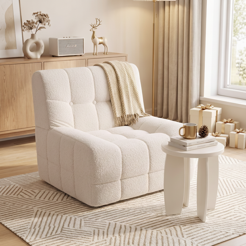 Single Boneless Sofa and Round End Table Set - White
