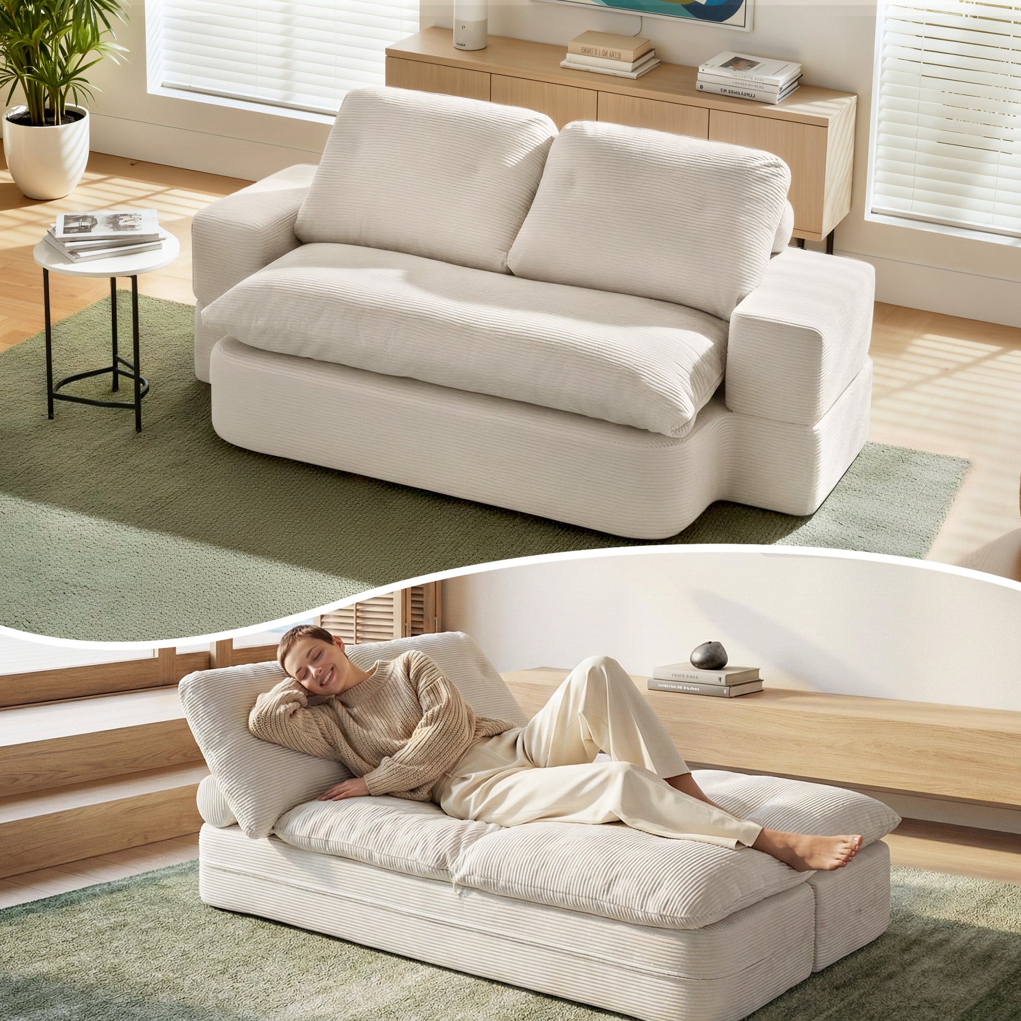 Convertible Folding Sofa Bed 30D High-Density Foam Corduroy Sleeper Couch Lounger - Beign