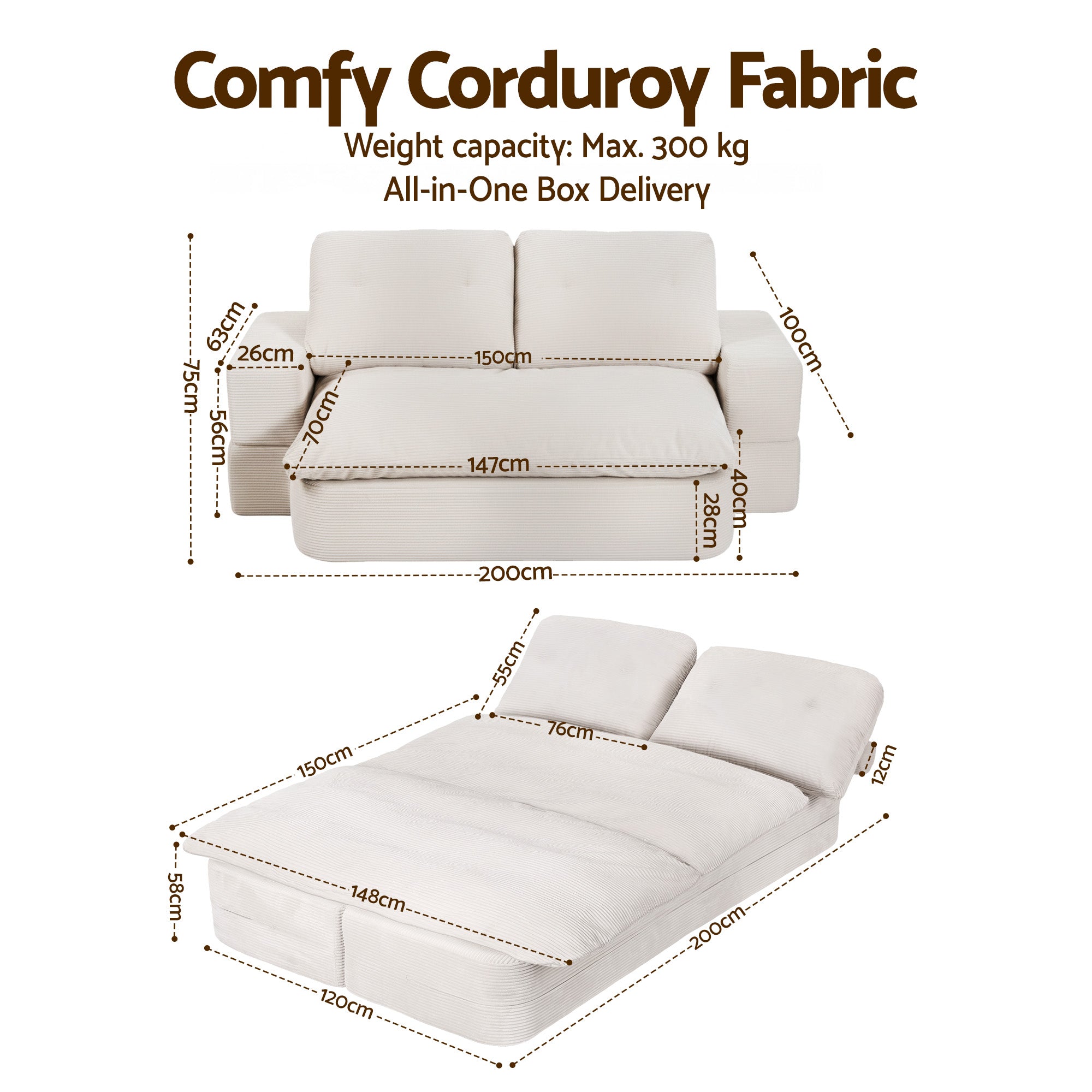 Convertible Folding Sofa Bed 30D High-Density Foam Corduroy Sleeper Couch Lounger - Beign