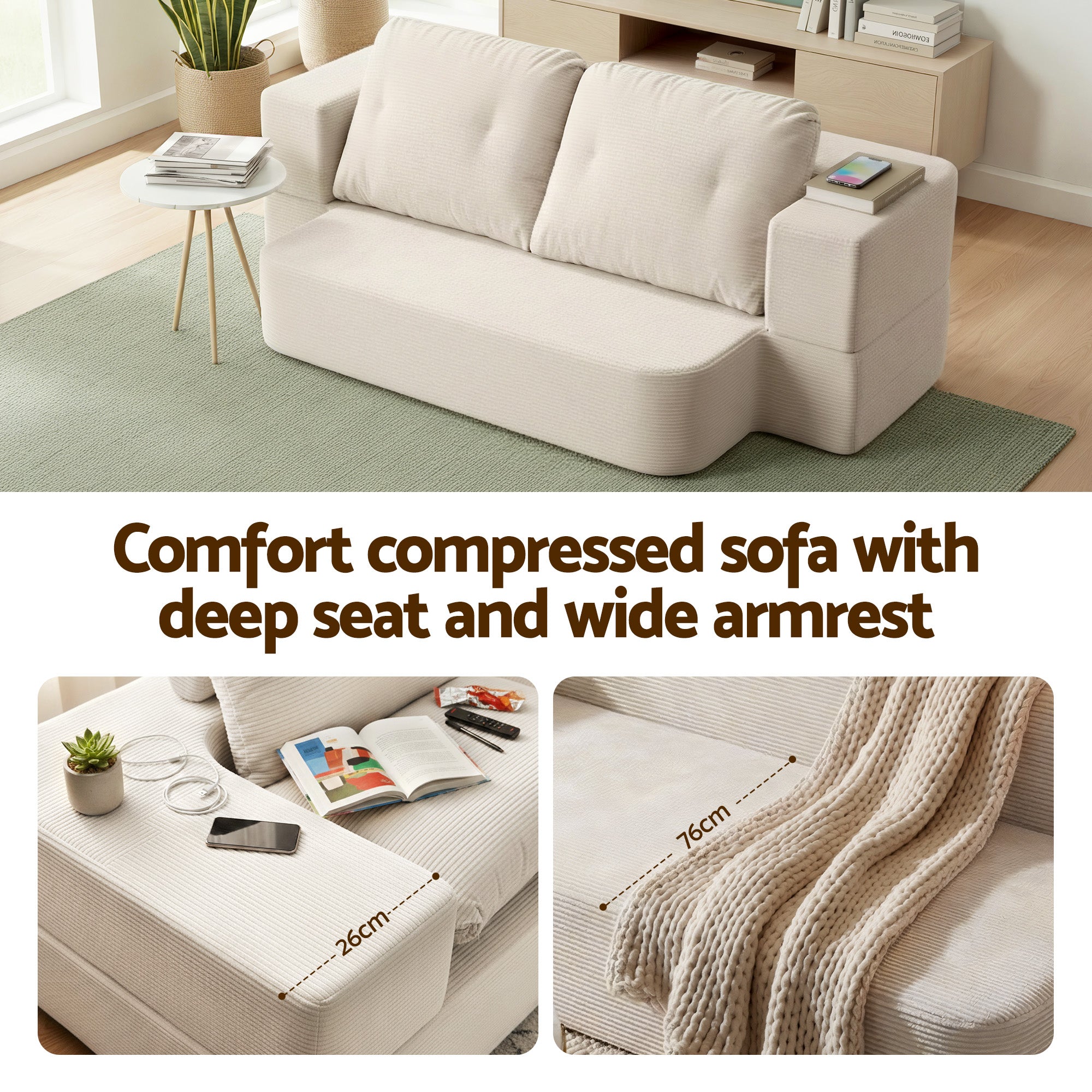 Convertible Folding Sofa Bed 30D High-Density Foam Corduroy Sleeper Couch Lounger - Beign