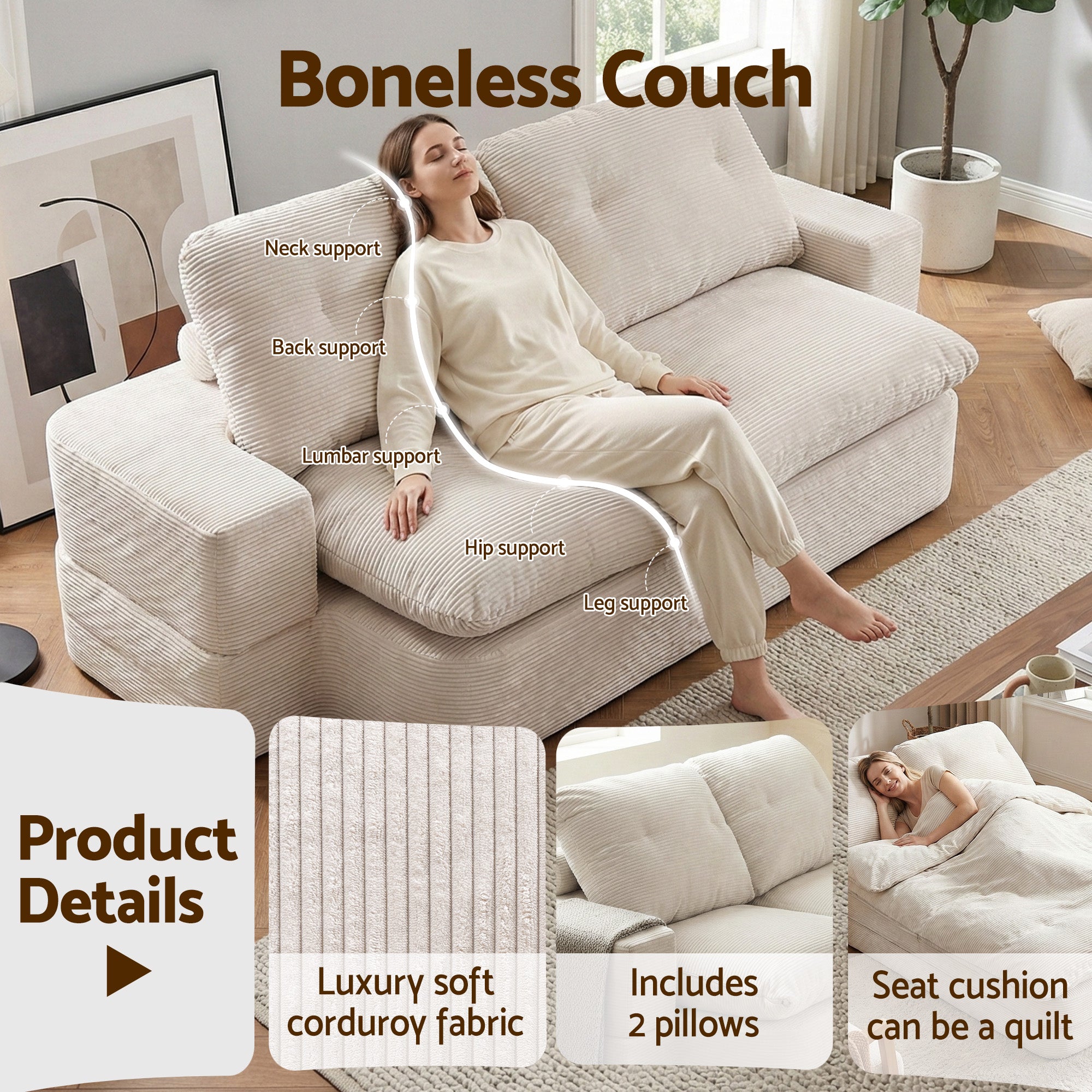 Convertible Folding Sofa Bed 30D High-Density Foam Corduroy Sleeper Couch Lounger - Beign