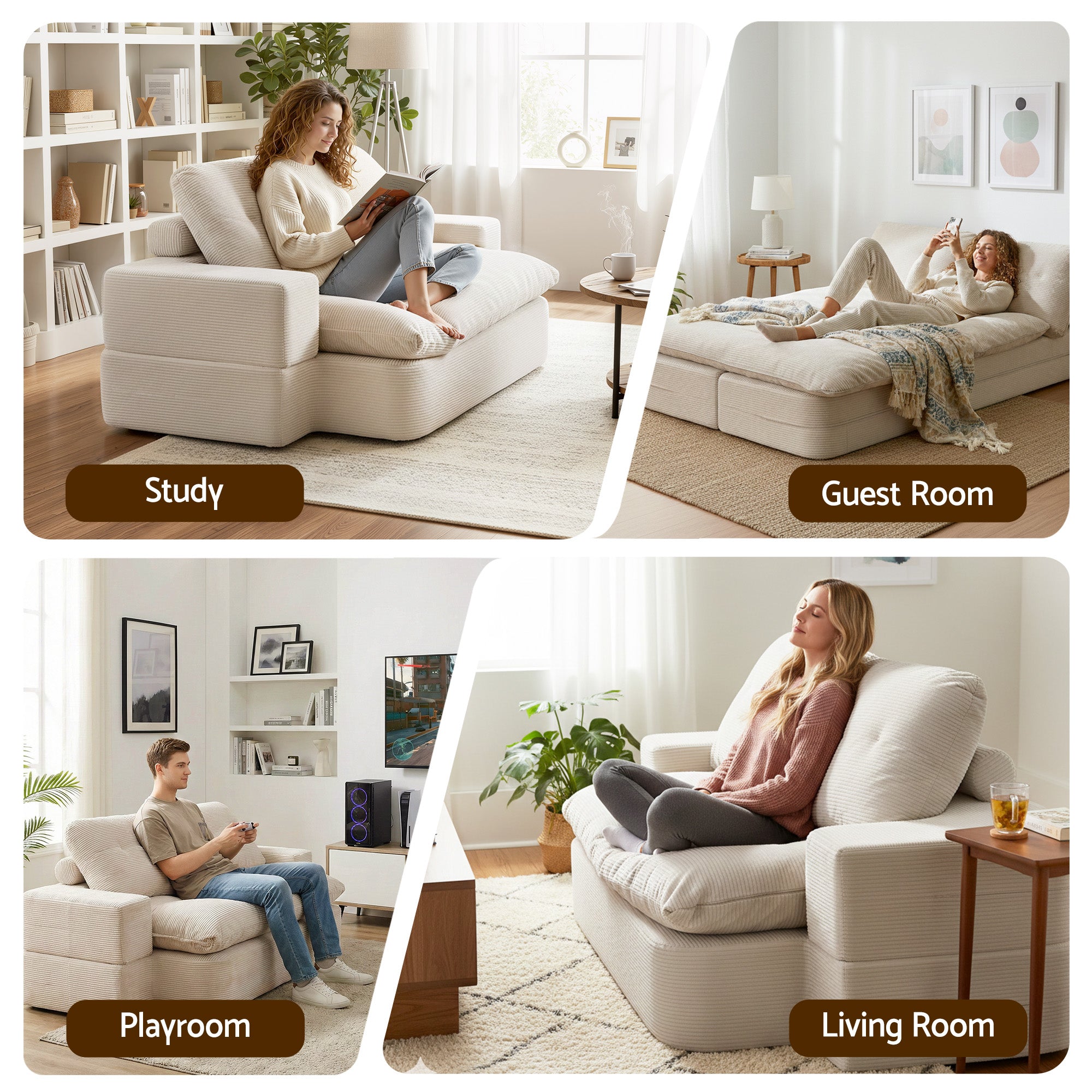 Convertible Folding Sofa Bed 30D High-Density Foam Corduroy Sleeper Couch Lounger - Beign