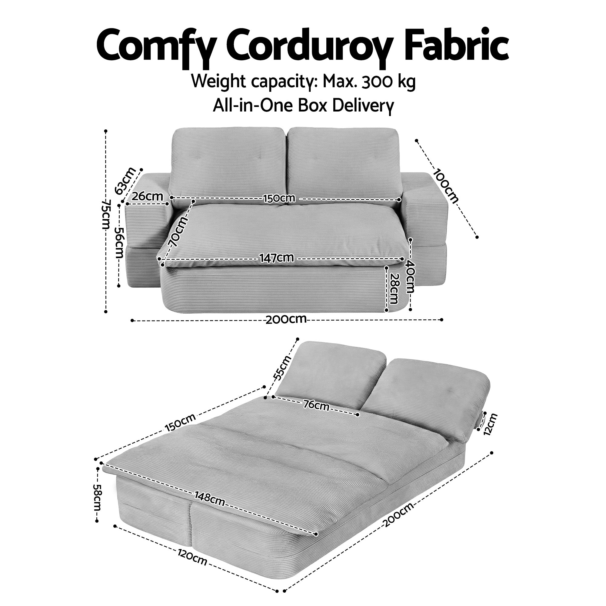 Convertible Folding Sofa Bed with 30D High-Density Foam Corduroy Sleeper Couch Lounger - Grey