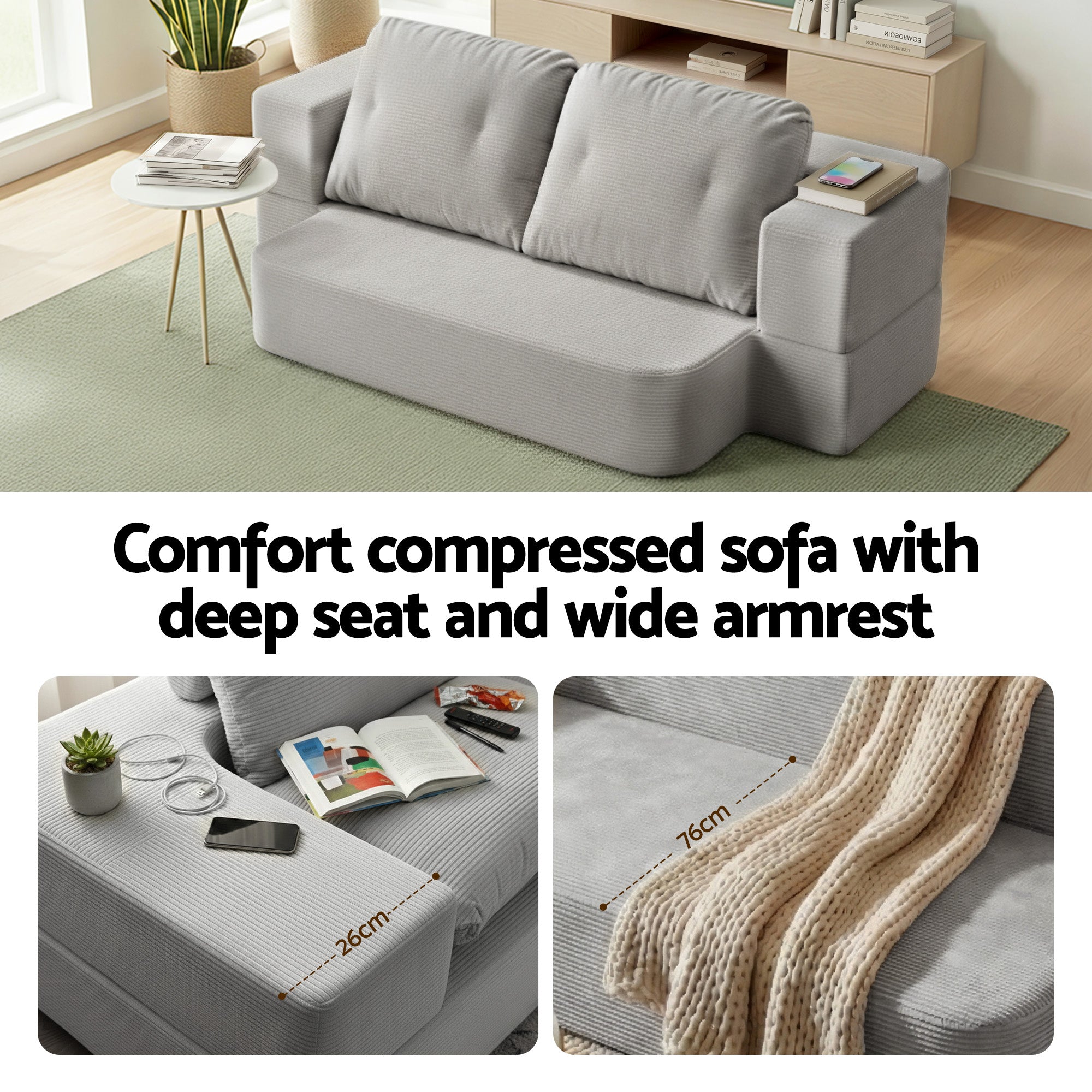 Convertible Folding Sofa Bed with 30D High-Density Foam Corduroy Sleeper Couch Lounger - Grey