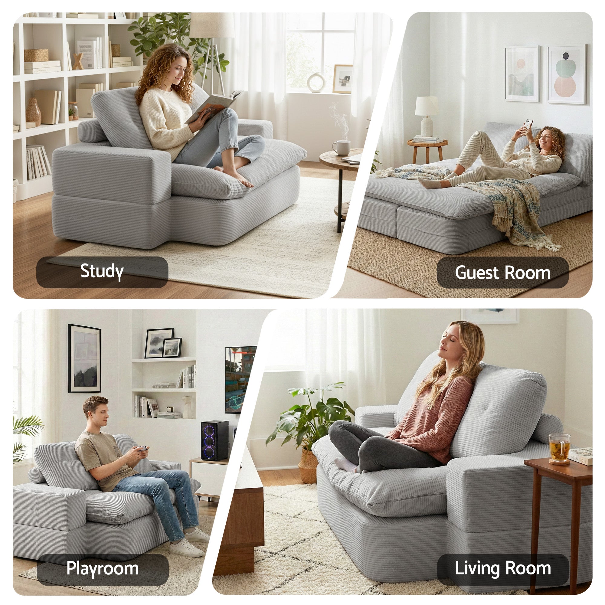 Convertible Folding Sofa Bed with 30D High-Density Foam Corduroy Sleeper Couch Lounger - Grey