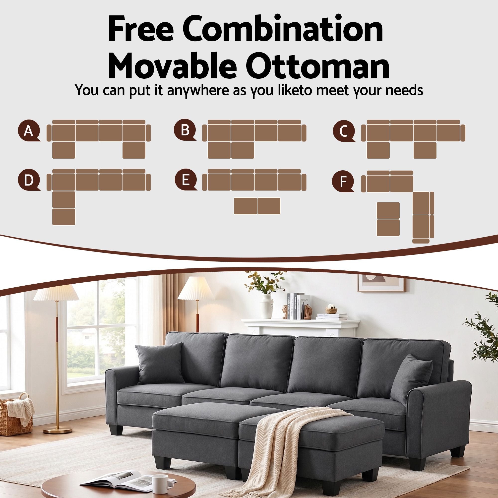 Modular Sectional U Shaped Storage Sofa Couches for Living Room Grey