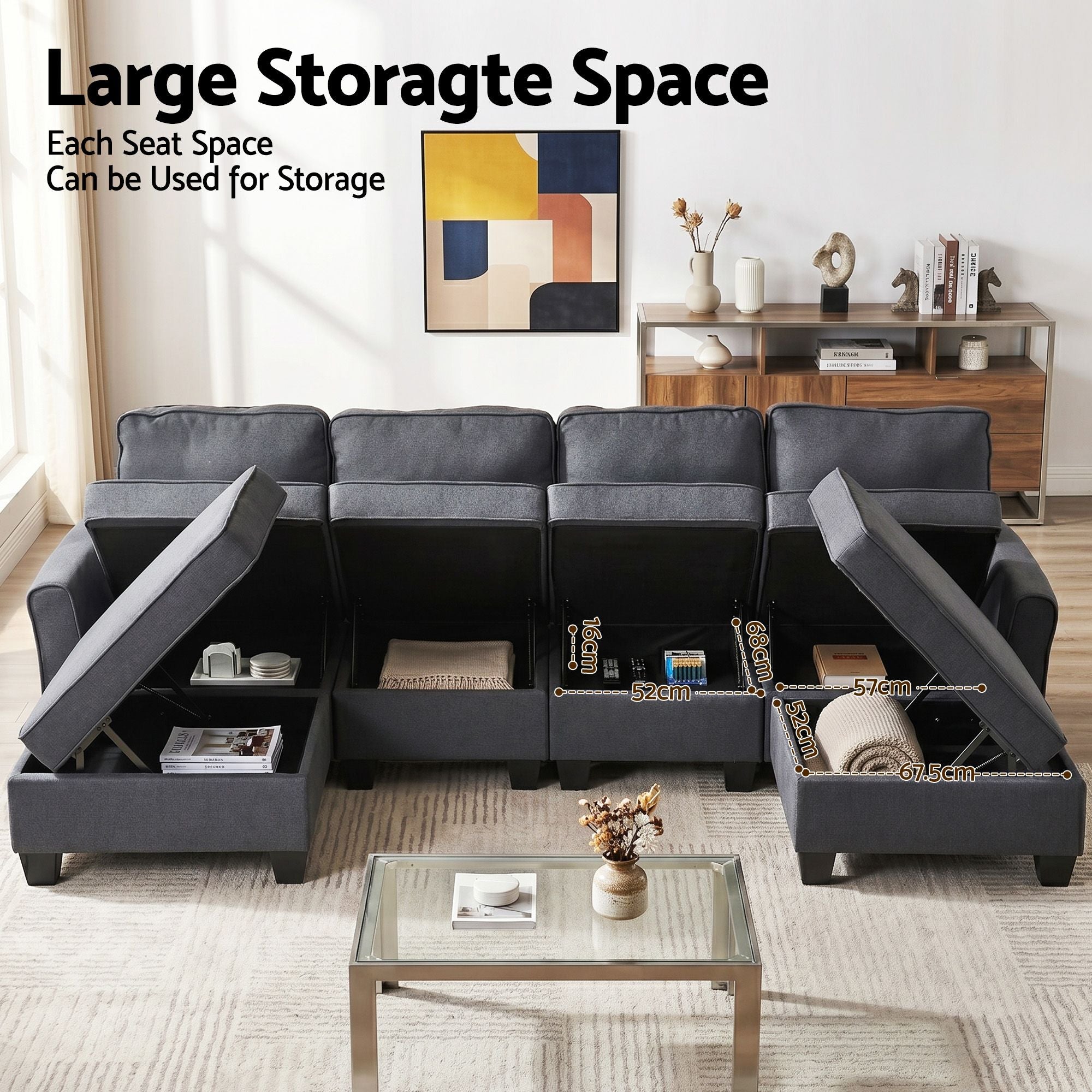 Modular Sectional U Shaped Storage Sofa Couches for Living Room Grey